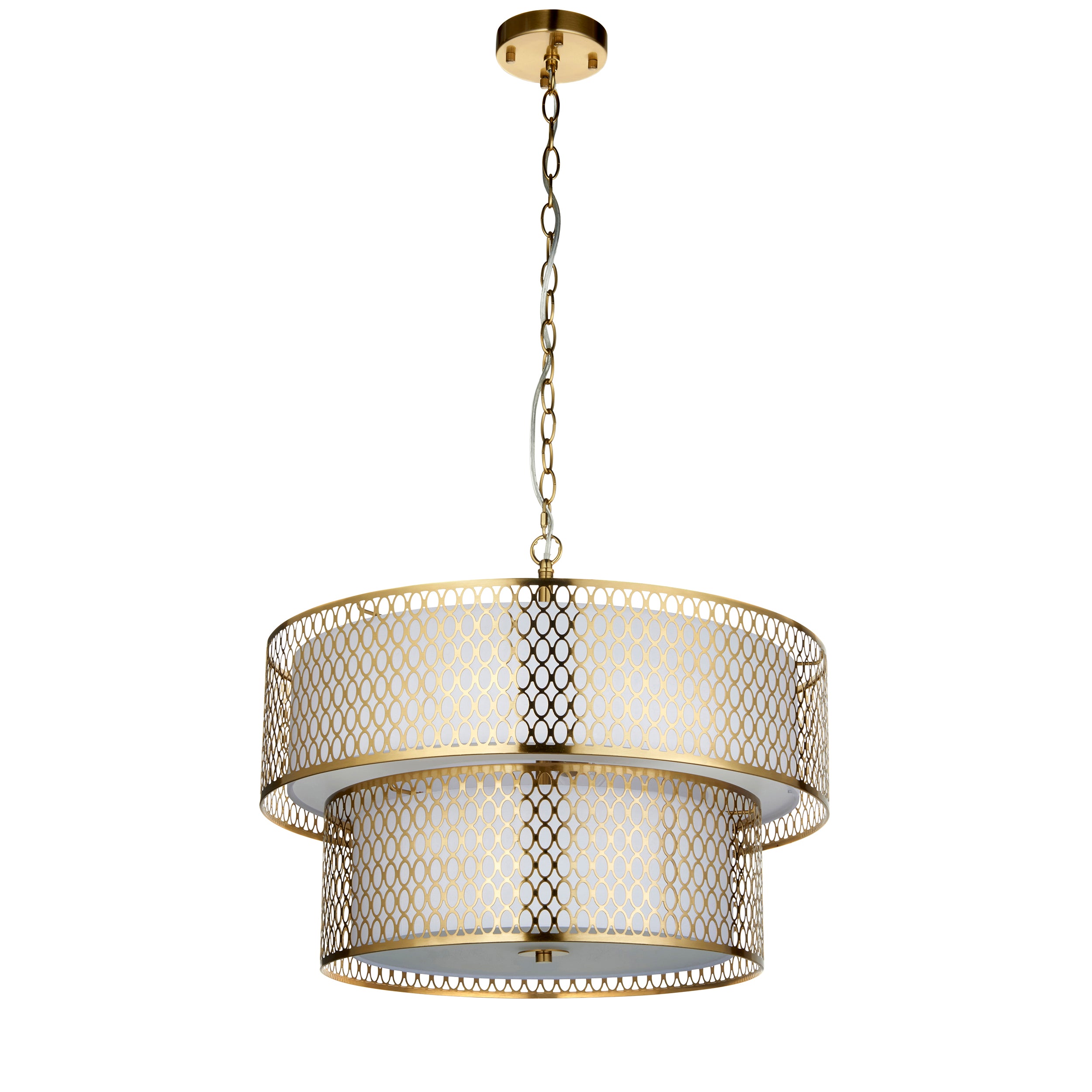 Endon Cordero 6 Light Tiered Pendant - Gold Effect Plate, White Fabric & Frosted Glass