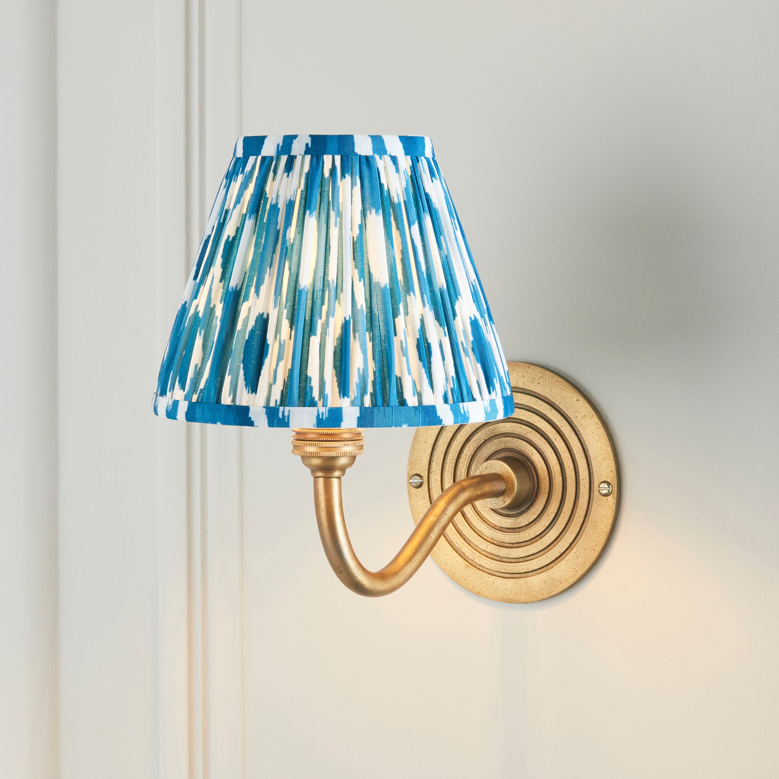 Endon Ripple Curve & Ikat 16Cm Wall Light - Antique Brass & Marlin Blue Fabric