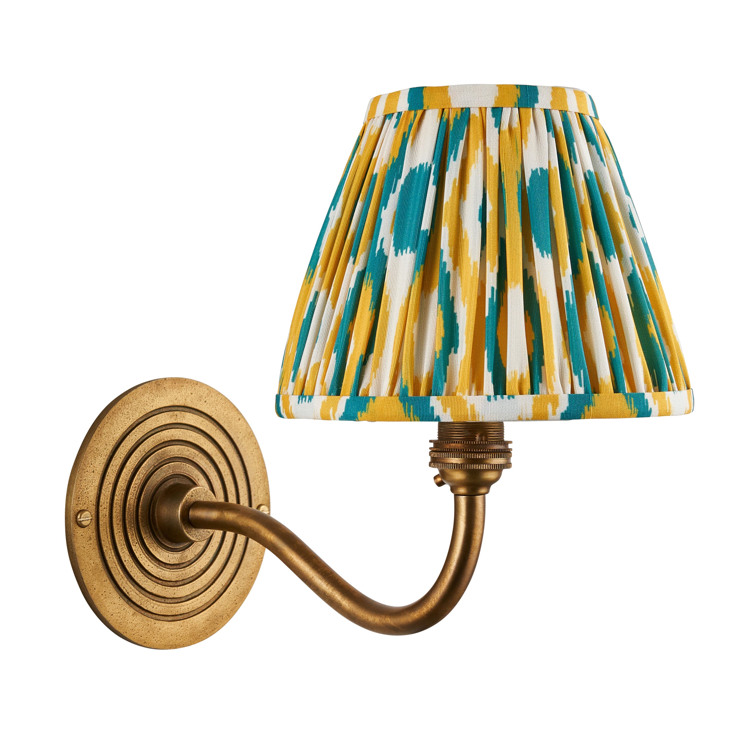 Endon Ripple Curve & Ikat 16Cm Wall Light - Antique Brass With Yellow & Jade Fabric