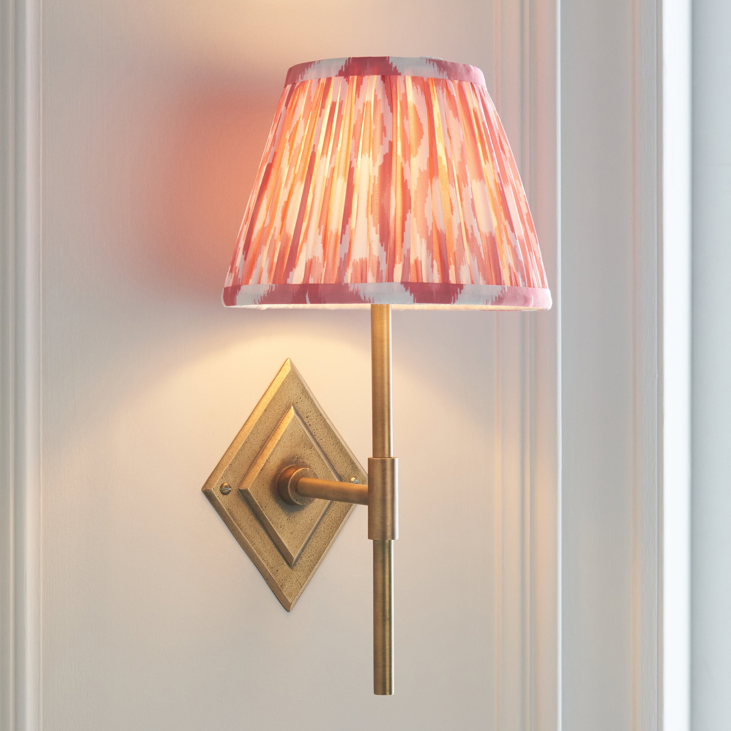 Endon Diamond Tall & Ikat 20Cm Wall Light - Antique Brass & Coral Pink Fabric
