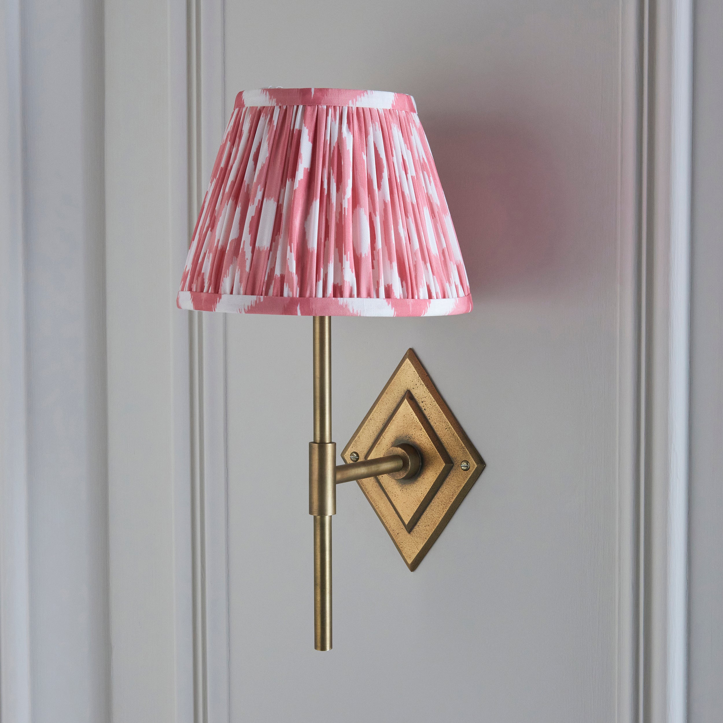 Endon Diamond Tall & Ikat 20Cm Wall Light - Antique Brass & Coral Pink Fabric