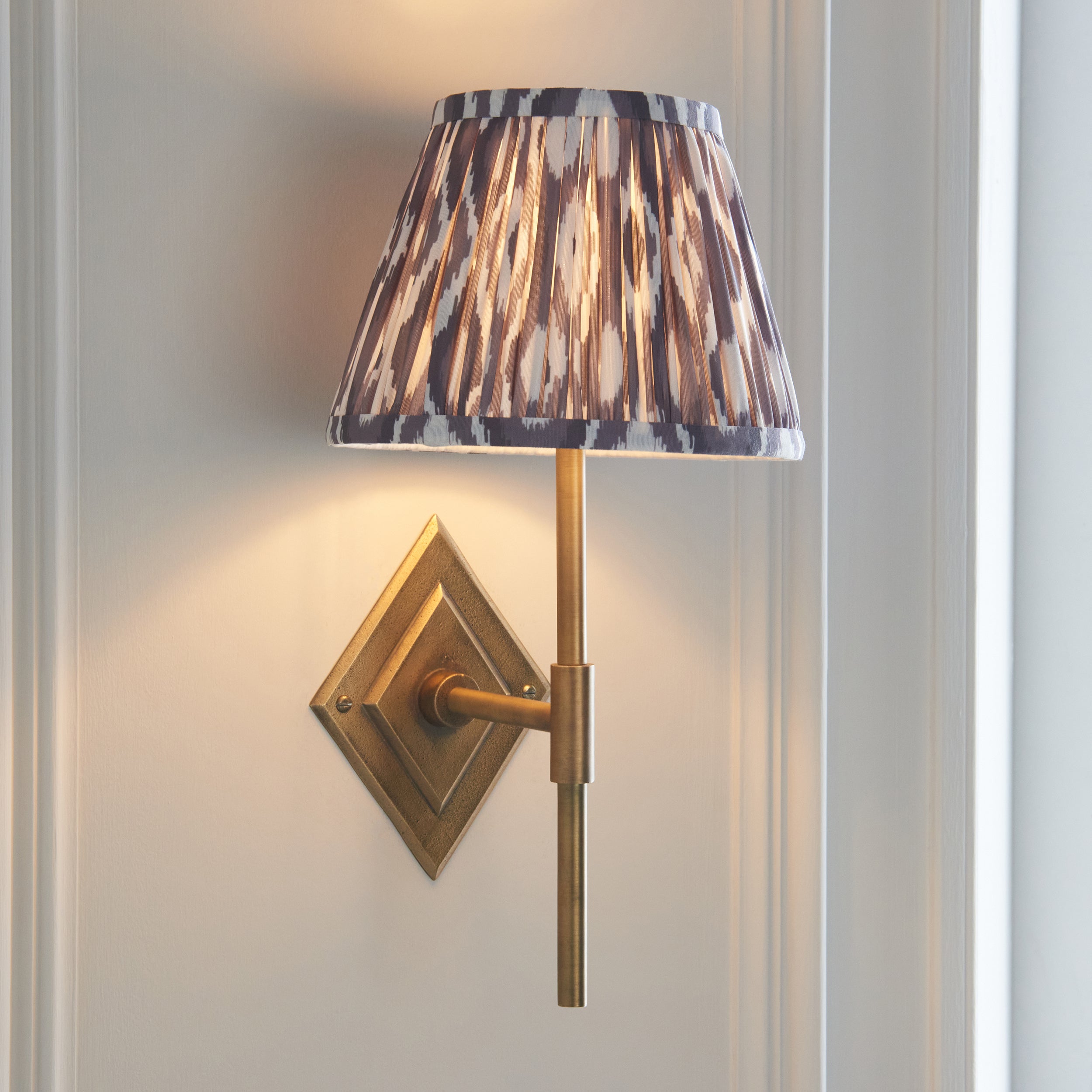 Endon Diamond Tall & Ikat 20Cm Wall Light - Antique Brass & Pearl Grey Fabric