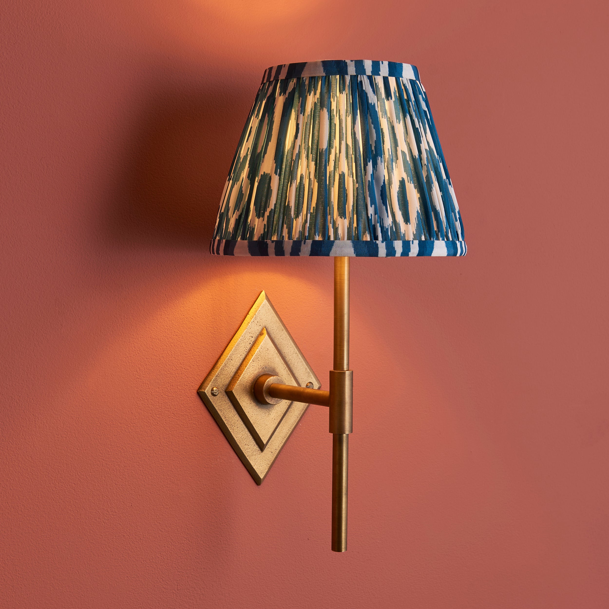 Endon Diamond Tall & Ikat 20Cm Wall Light - Antique Brass & Marlin Blue Fabric