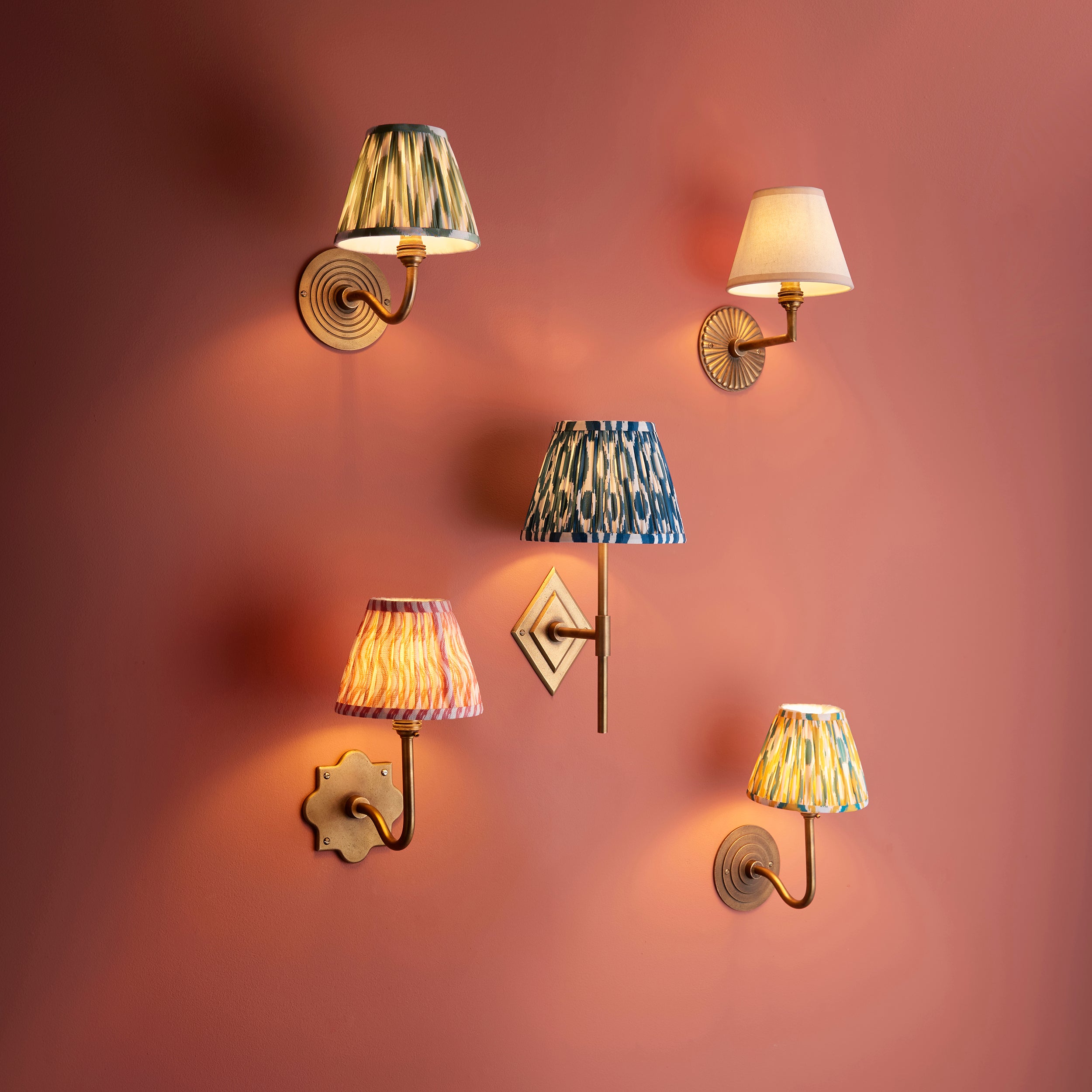 Endon Diamond Tall & Ikat 20Cm Wall Light - Antique Brass & Marlin Blue Fabric