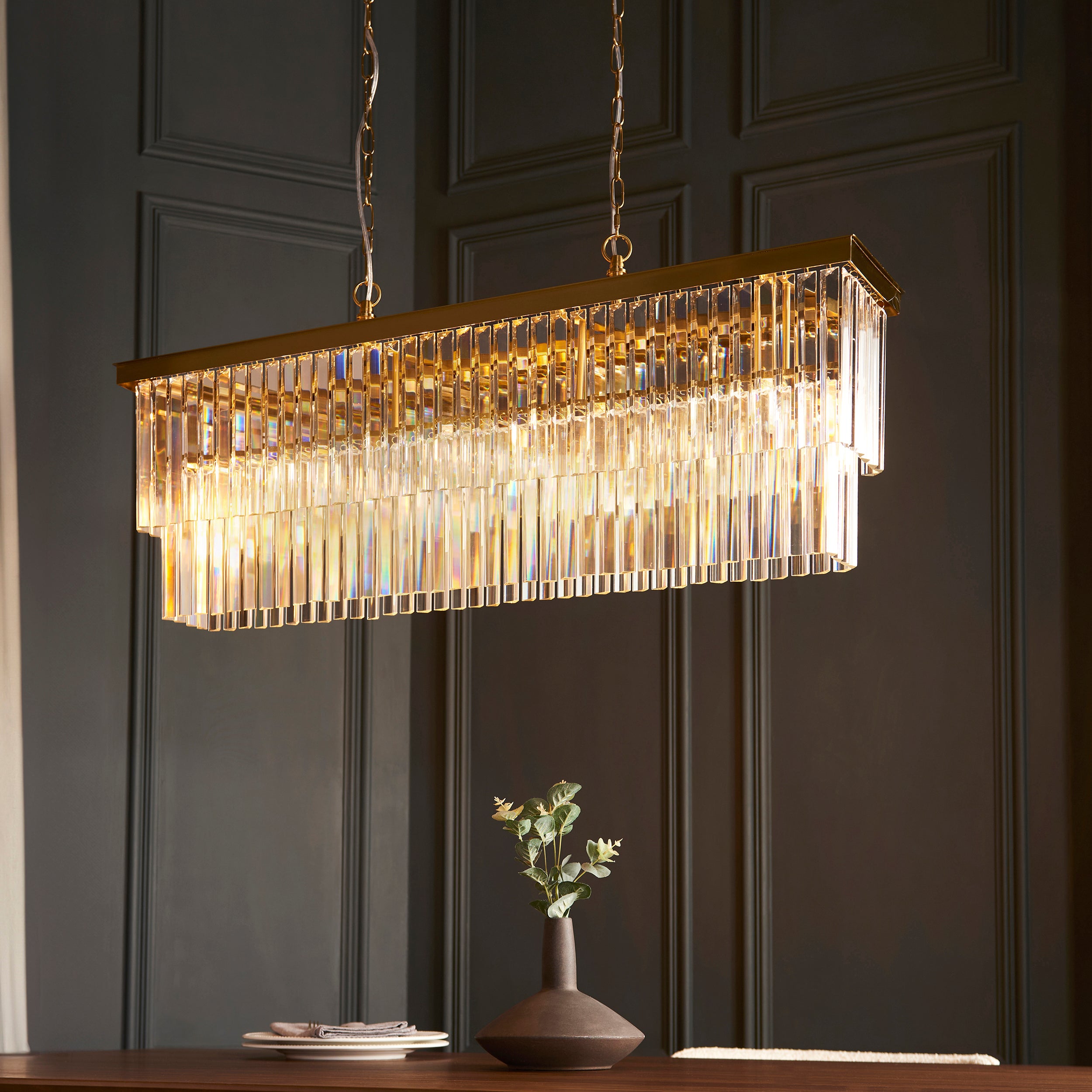 Endon Conaston 4 Light Linear Pendant - Brushed Aged Brass Plate & Clear Cut Glass