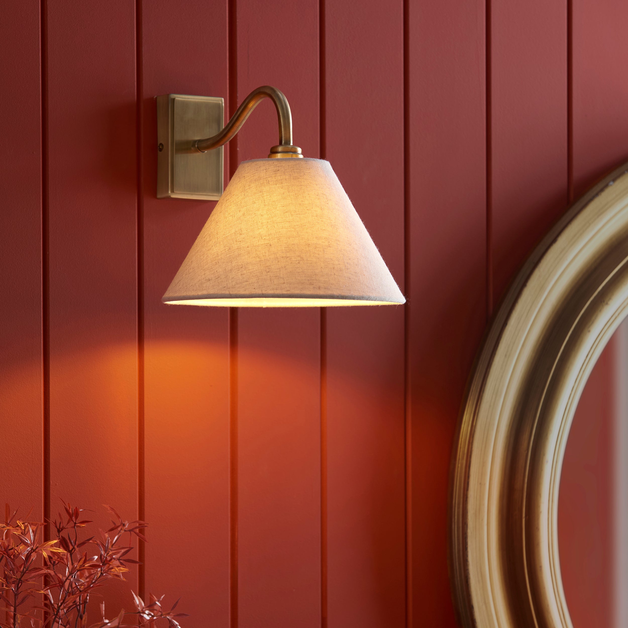 Endon Knole Wall Light - Antique Brass Plate & Natural Faux Linen