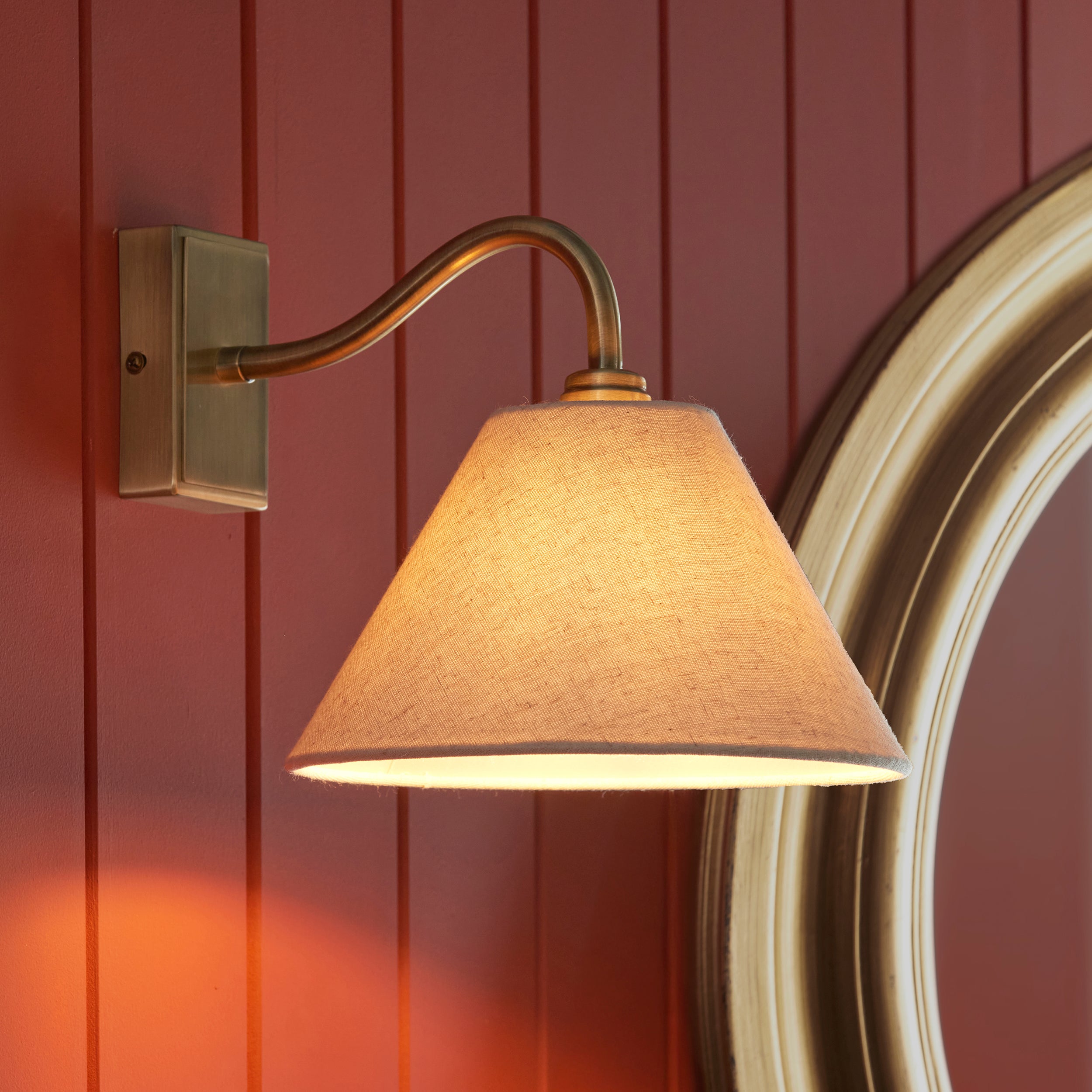Endon Knole Wall Light - Antique Brass Plate & Natural Faux Linen