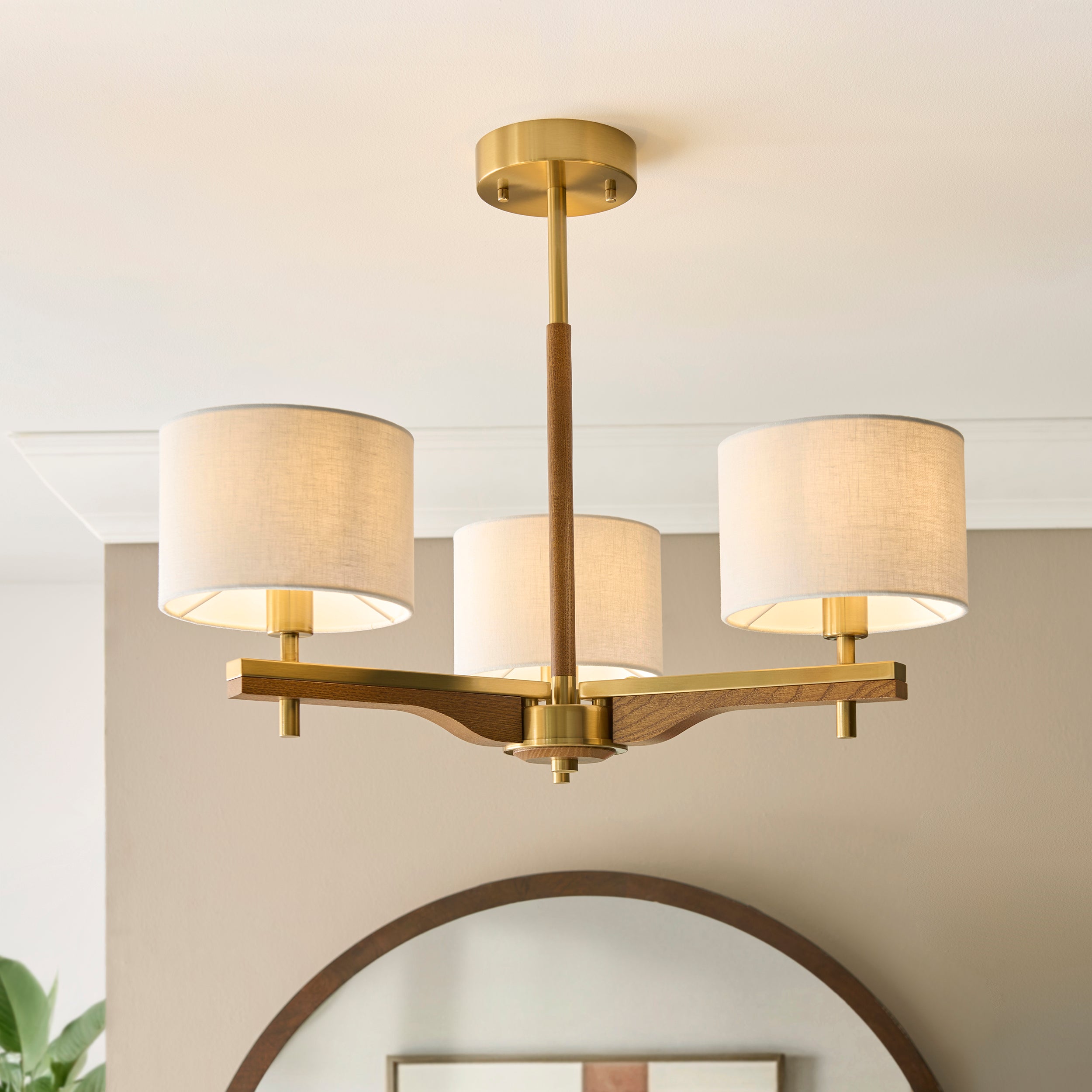 Endon Heathcliff 3 Light Semi flush   - Brushed Aged Brass Plate, Oak Stained Wood & Natural Faux Linen