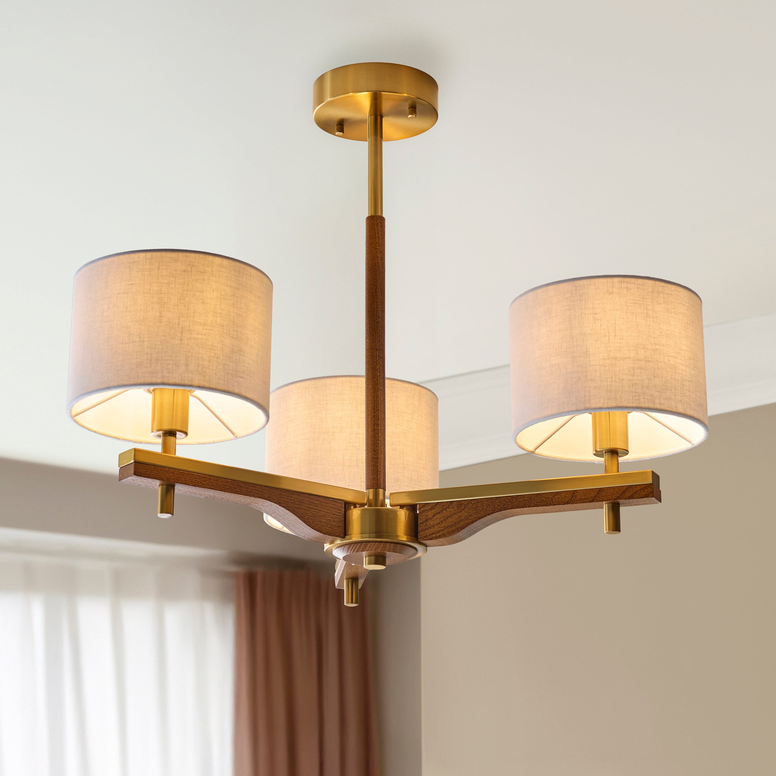 Endon Heathcliff 3 Light Semi flush   - Brushed Aged Brass Plate, Oak Stained Wood & Natural Faux Linen