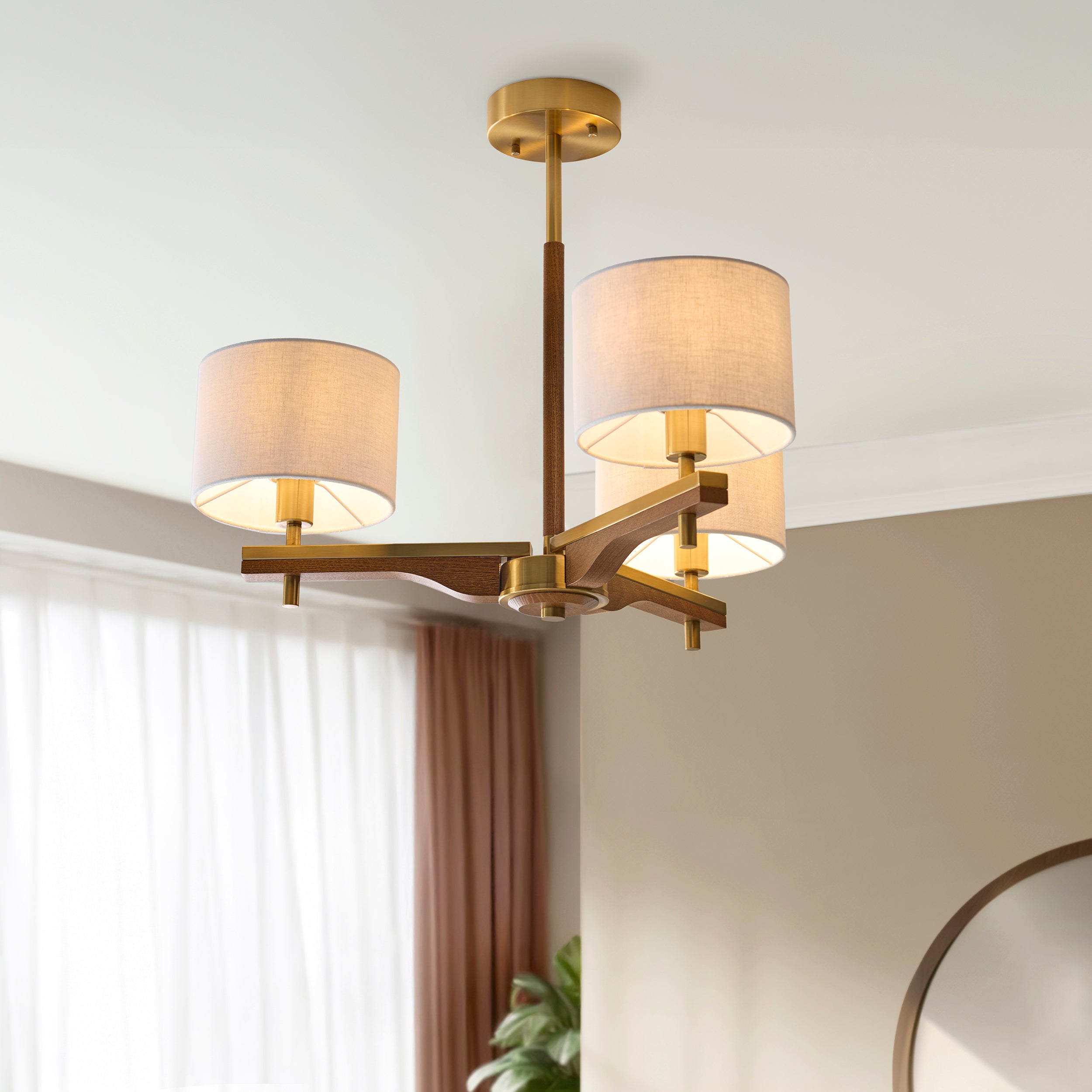Endon Heathcliff 3 Light Semi flush   - Brushed Aged Brass Plate, Oak Stained Wood & Natural Faux Linen