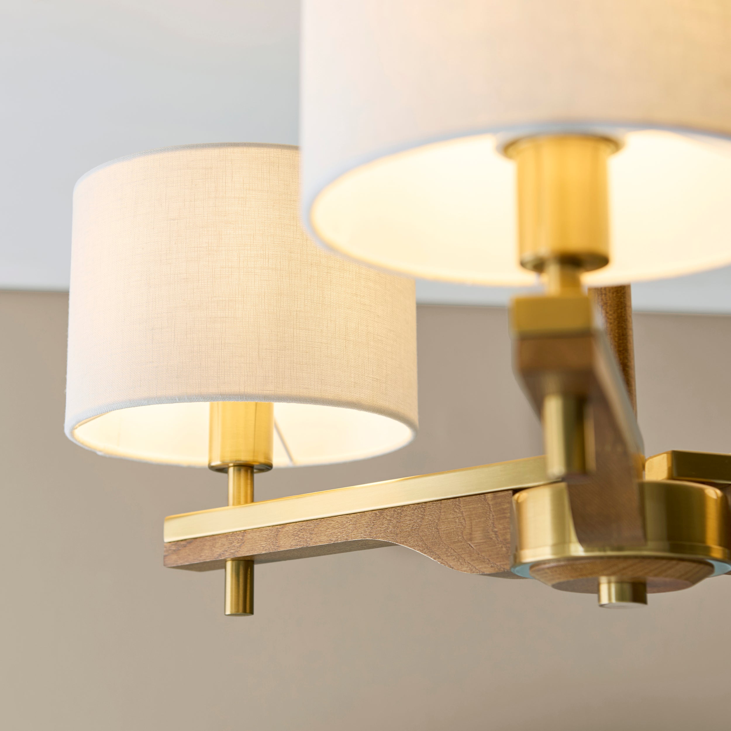 Endon Heathcliff 3 Light Semi flush   - Brushed Aged Brass Plate, Oak Stained Wood & Natural Faux Linen