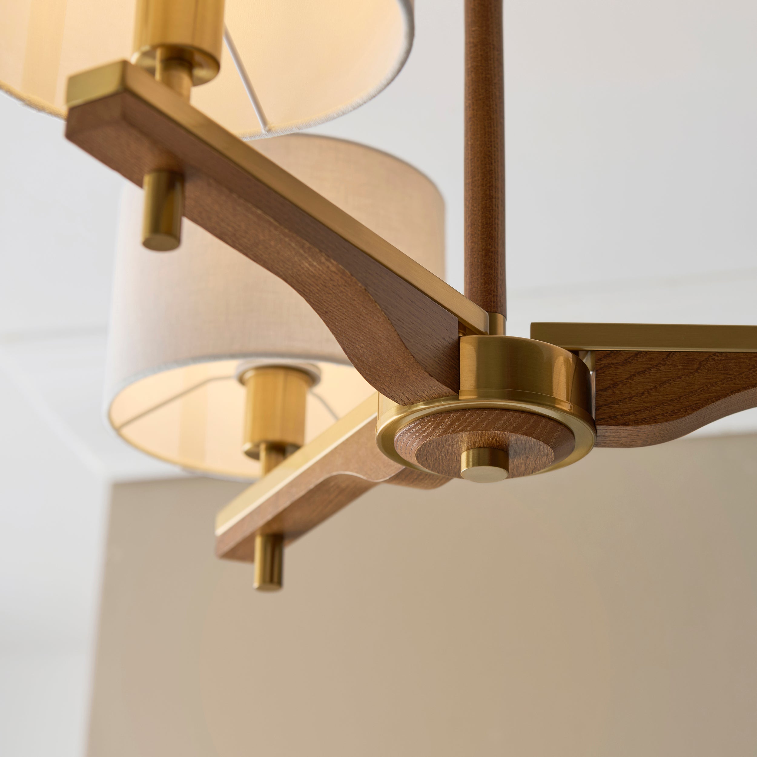 Endon Heathcliff 3 Light Semi flush   - Brushed Aged Brass Plate, Oak Stained Wood & Natural Faux Linen