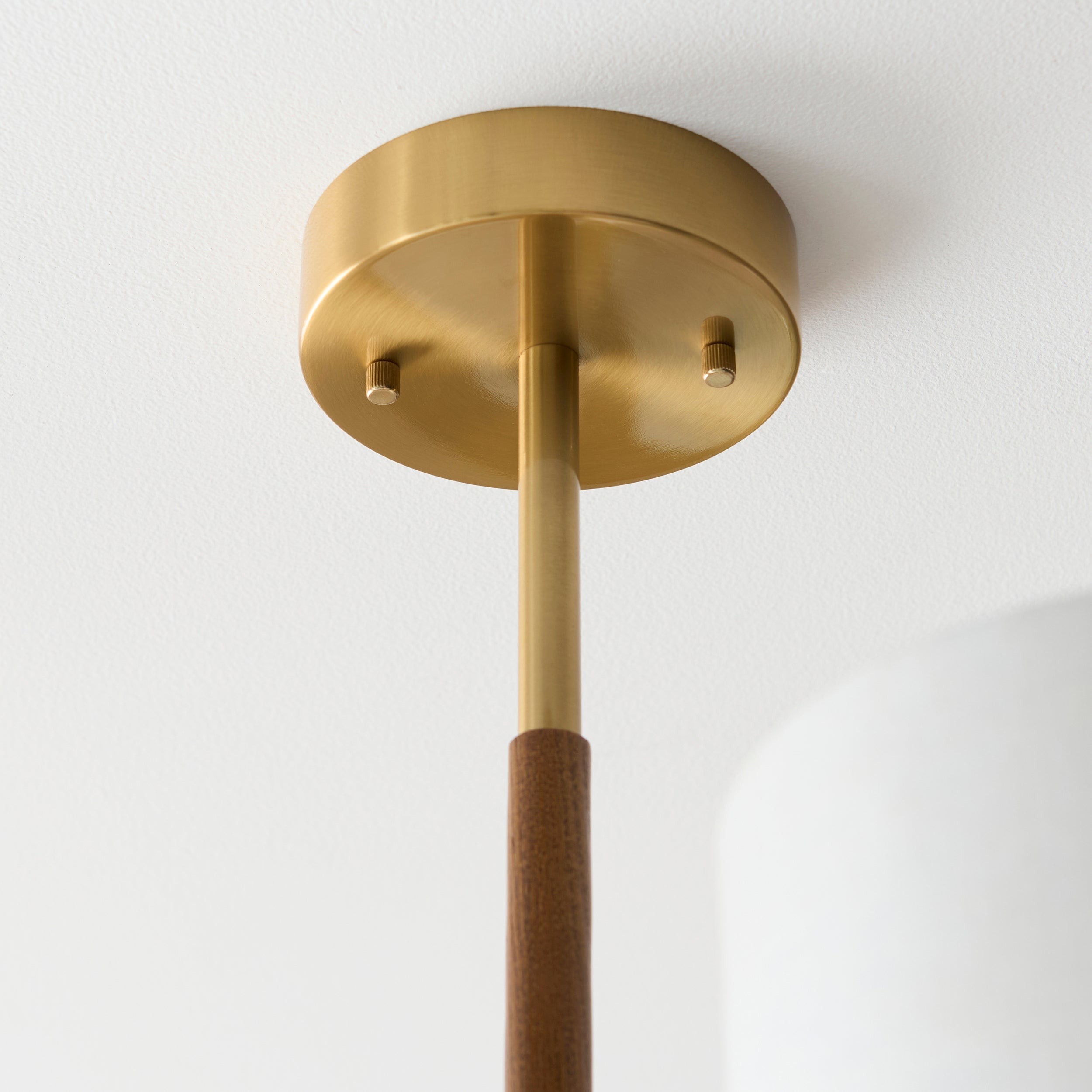 Endon Heathcliff 3 Light Semi flush   - Brushed Aged Brass Plate, Oak Stained Wood & Natural Faux Linen