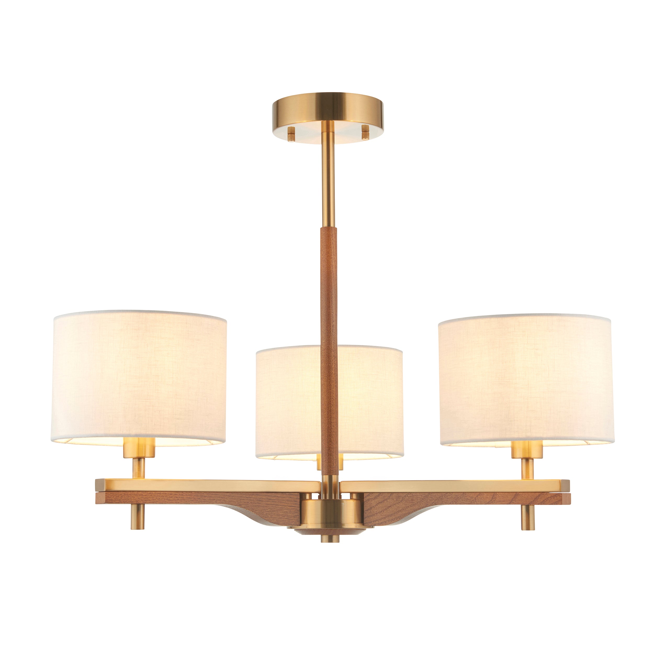 Endon Heathcliff 3 Light Semi flush   - Brushed Aged Brass Plate, Oak Stained Wood & Natural Faux Linen