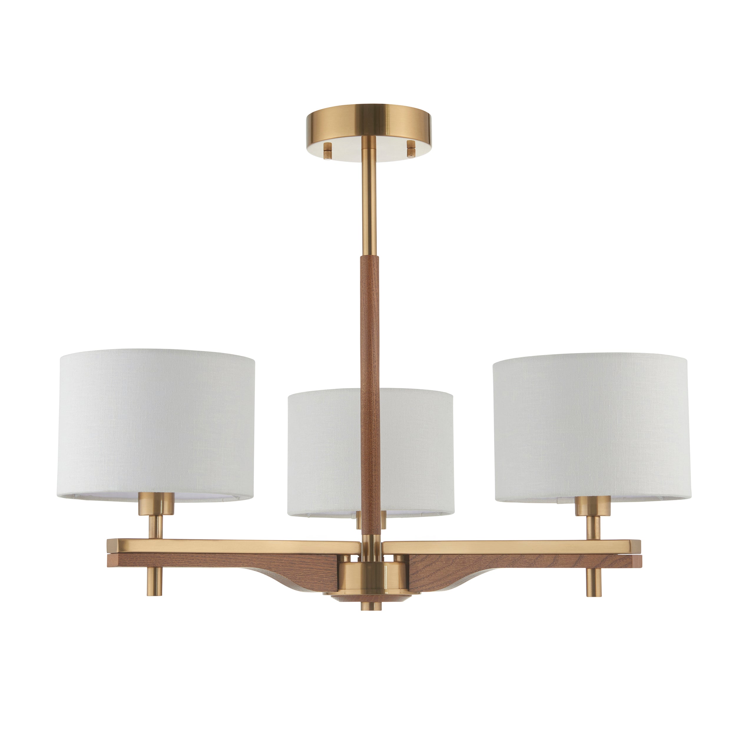 Endon Heathcliff 3 Light Semi flush   - Brushed Aged Brass Plate, Oak Stained Wood & Natural Faux Linen