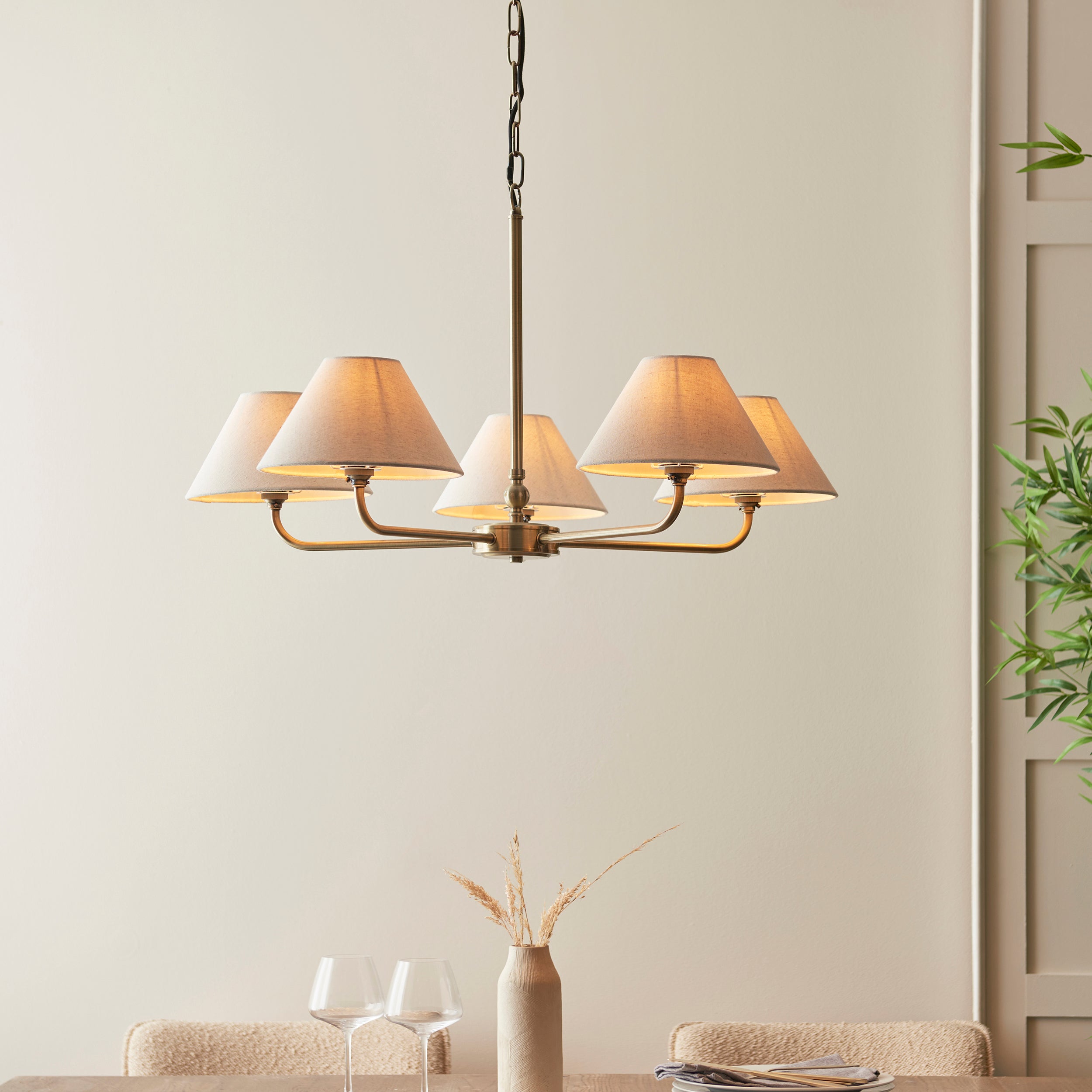 Endon Lille 5 Light Pendant - Antique Brass Plate & Natural Faux Linen