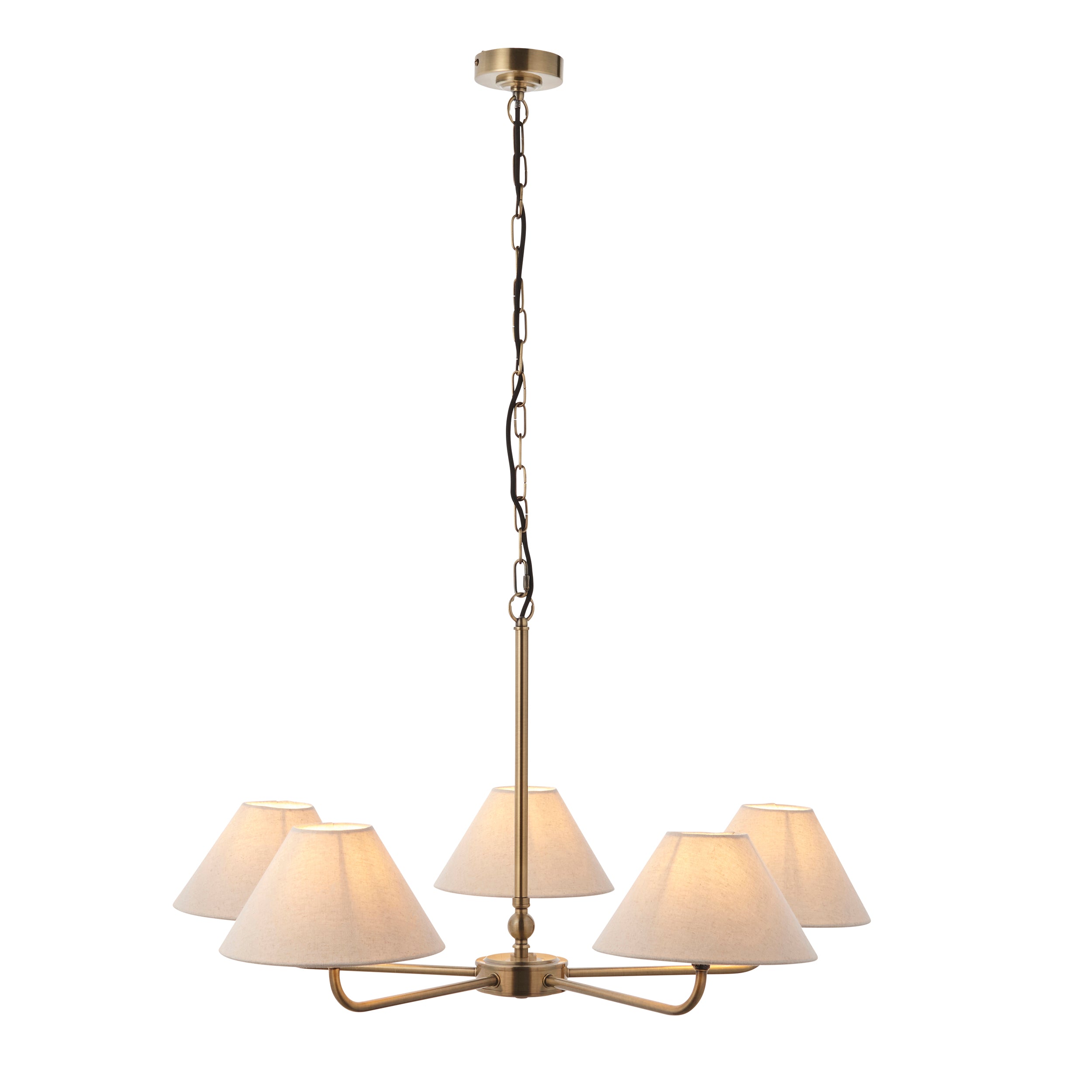 Endon Lille 5 Light Pendant - Antique Brass Plate & Natural Faux Linen