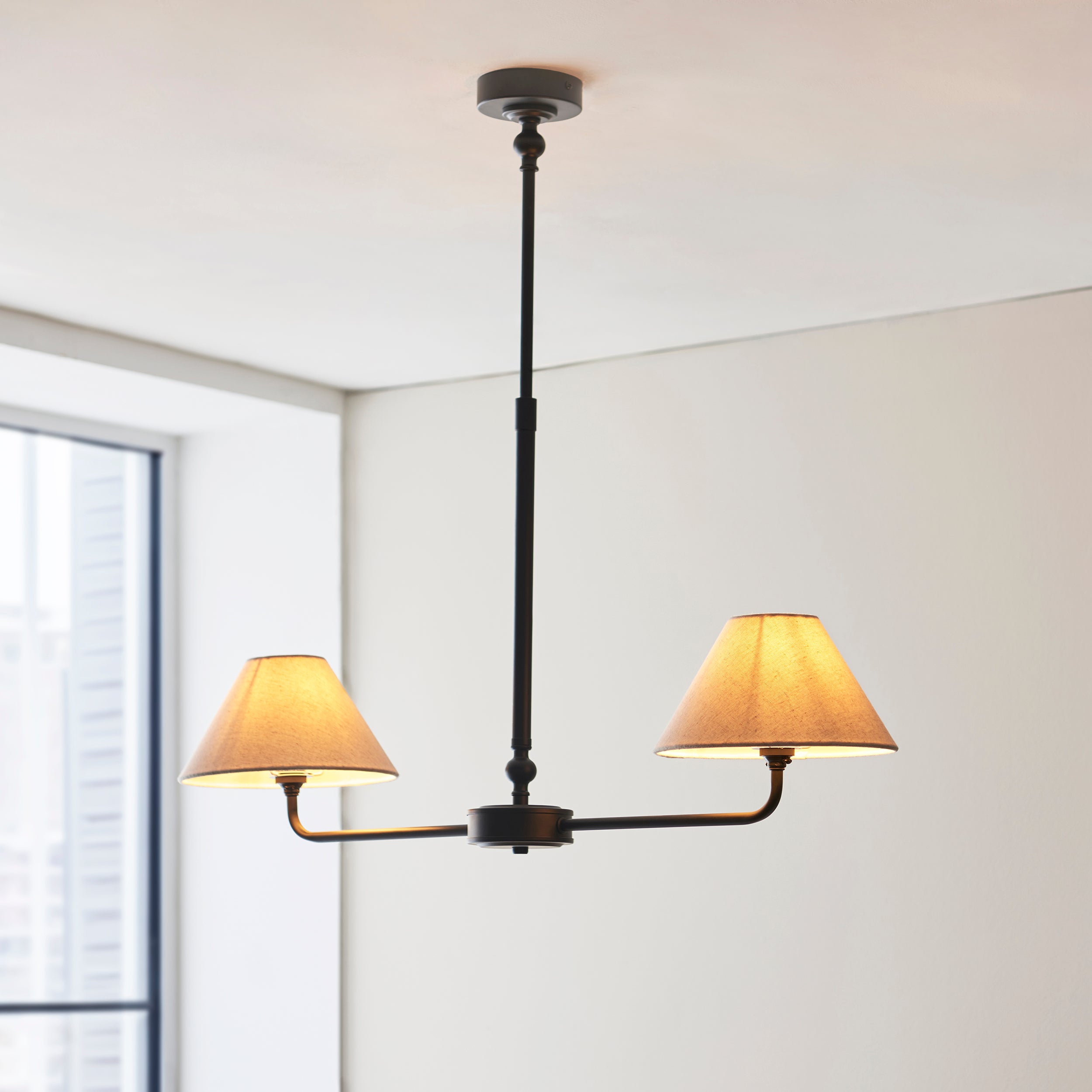 Endon Lille 2 Light Linear Pendant - Matt Black & Natural Faux Linen