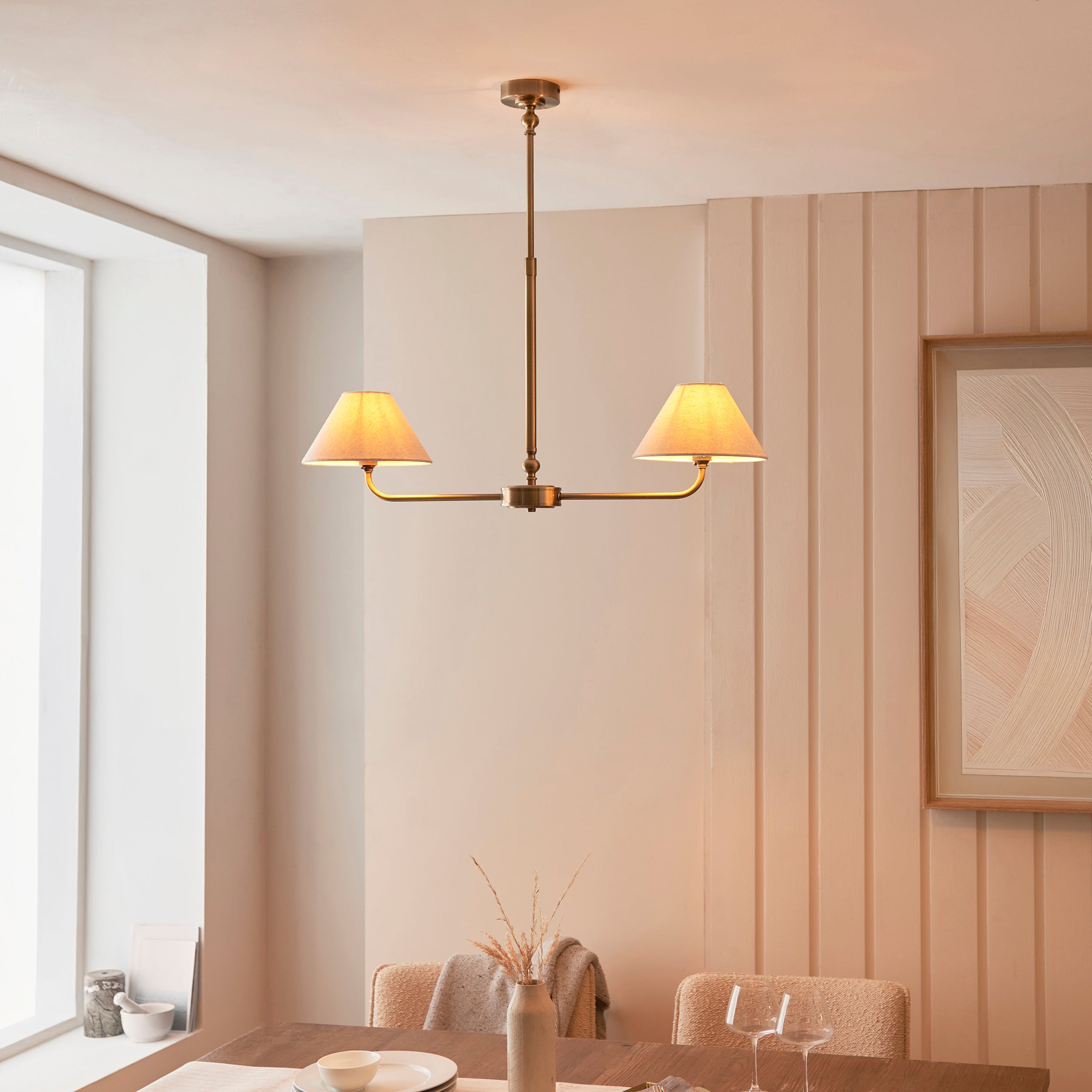Endon Lille 2 Light Linear Pendant - Antique Brass Plate & Natural Faux Linen