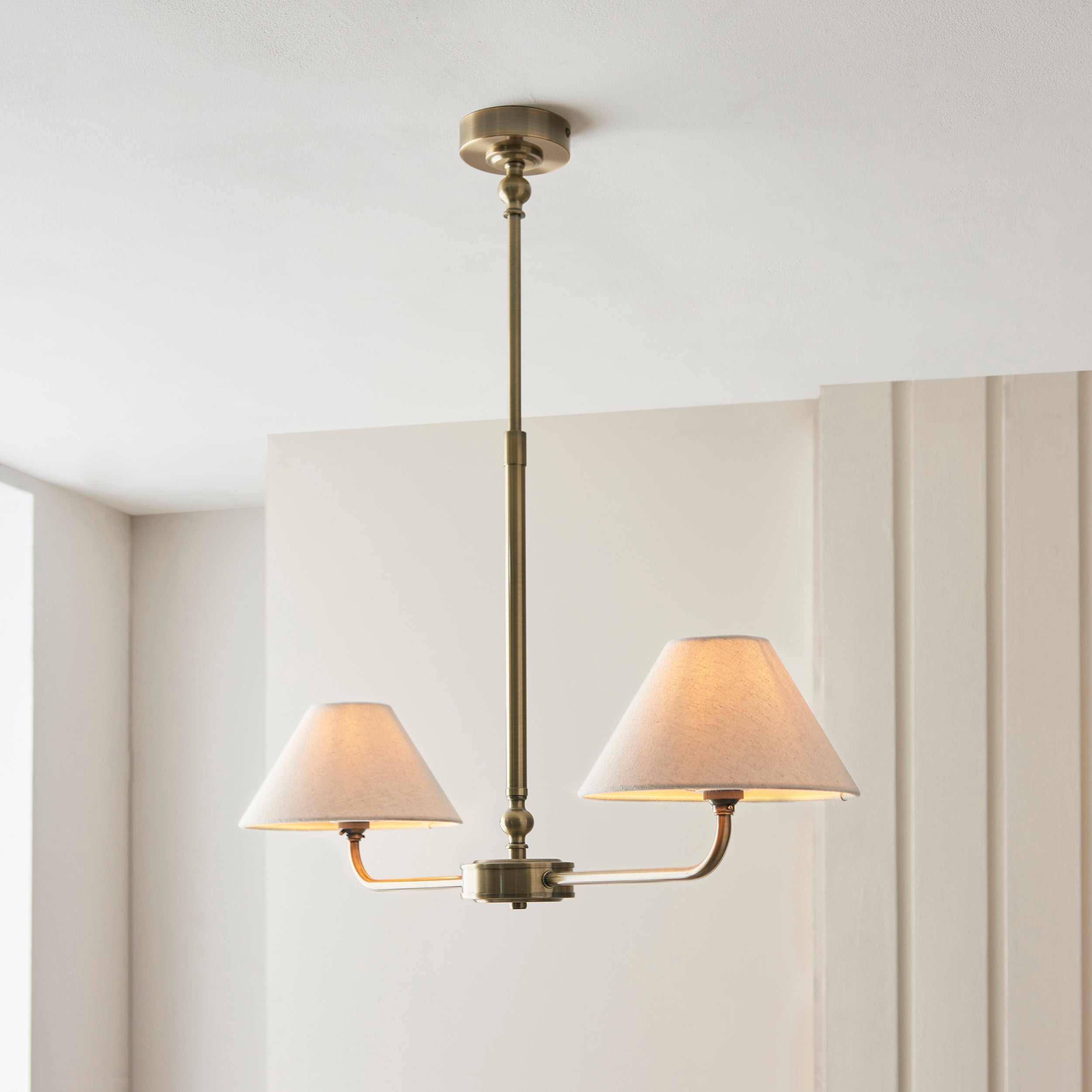 Endon Lille 2 Light Linear Pendant - Antique Brass Plate & Natural Faux Linen