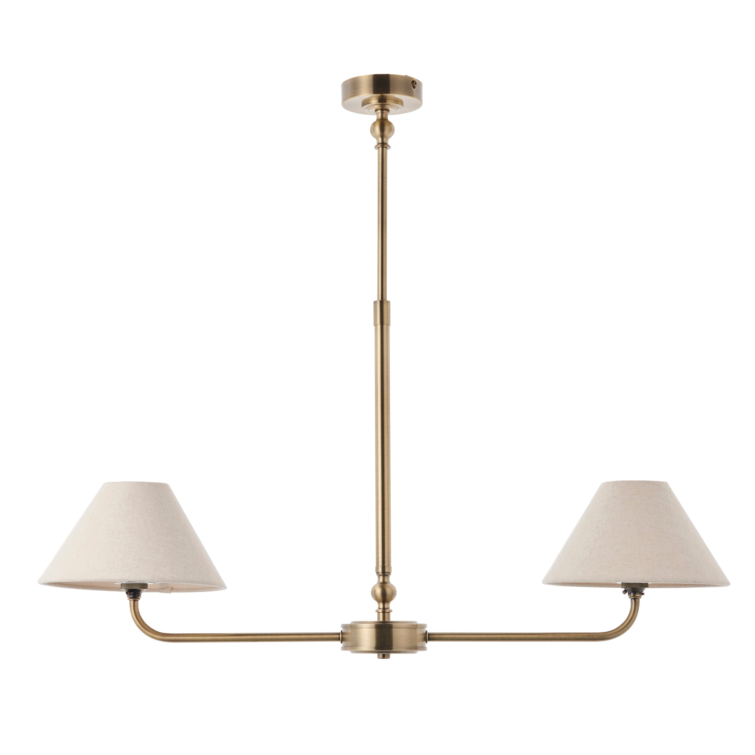 Endon Lille 2 Light Linear Pendant - Antique Brass Plate & Natural Faux Linen