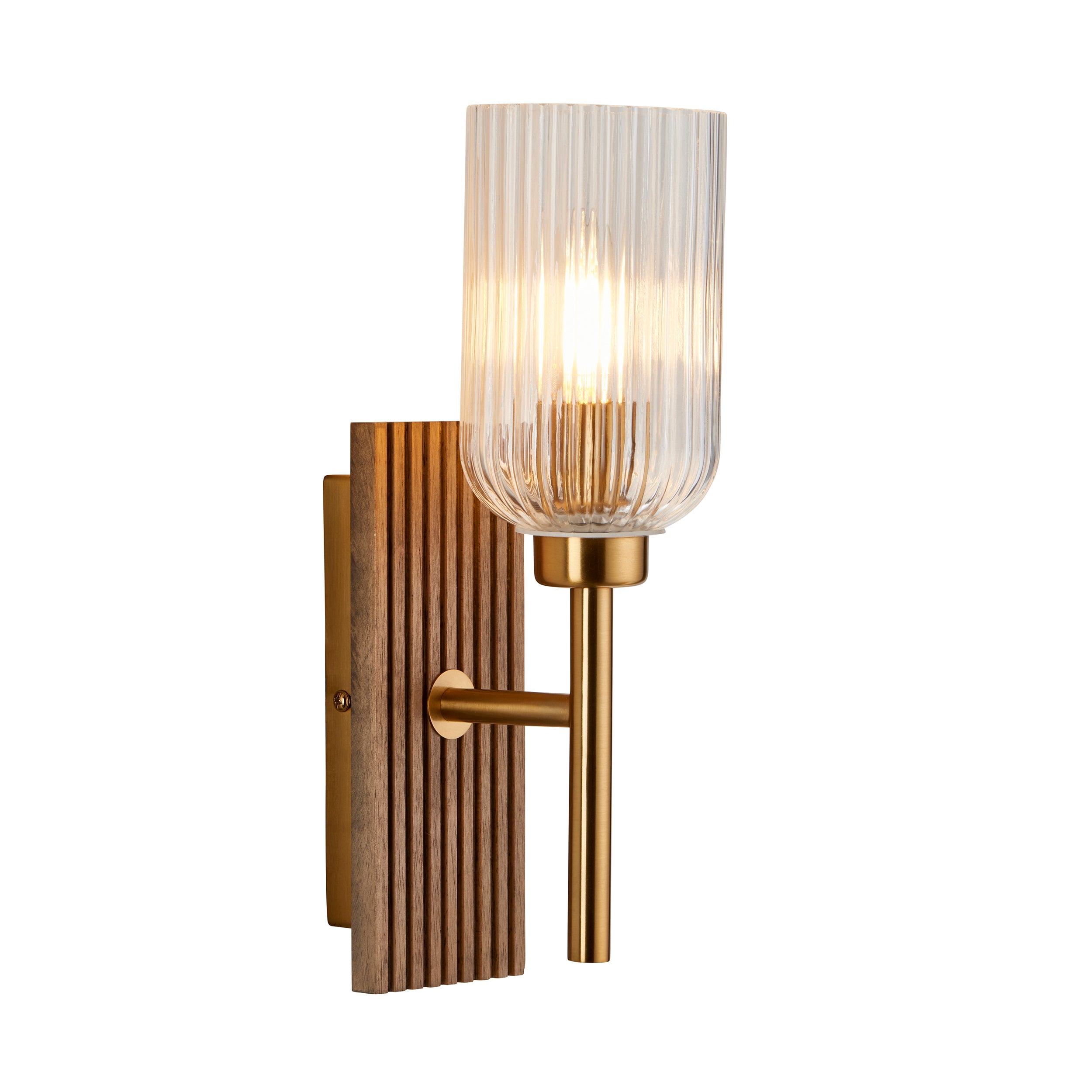 Endon Grove  Wall Light - Dark Beechwood & Vintage Brass With Clear Ribbed Glass
