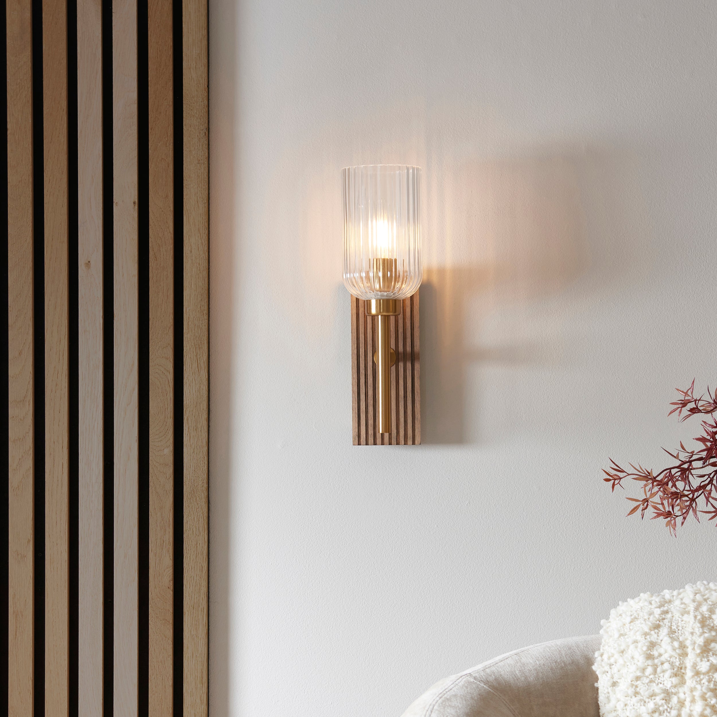 Endon Grove  Wall Light - Dark Beechwood & Vintage Brass With Clear Ribbed Glass