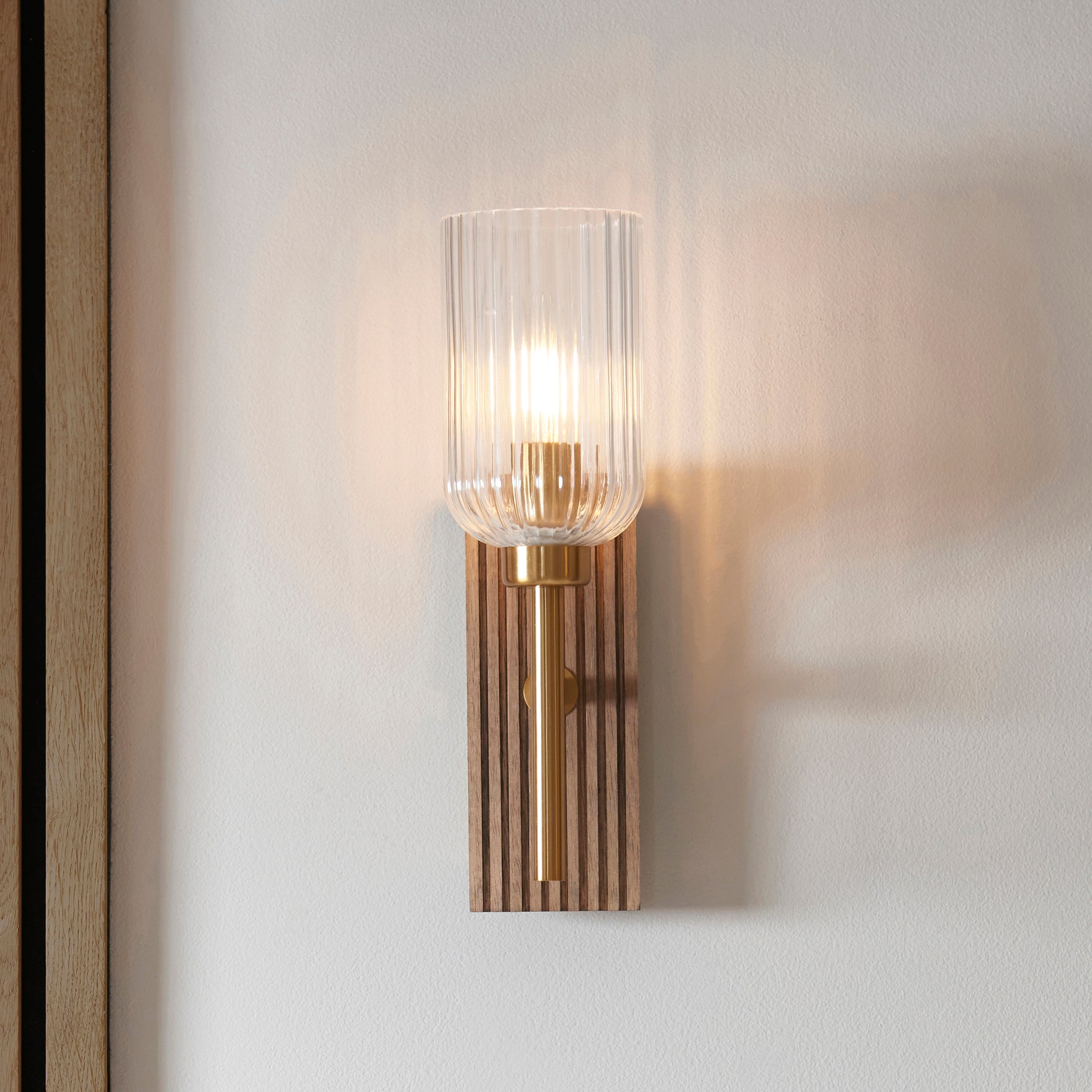 Endon Grove  Wall Light - Dark Beechwood & Vintage Brass With Clear Ribbed Glass