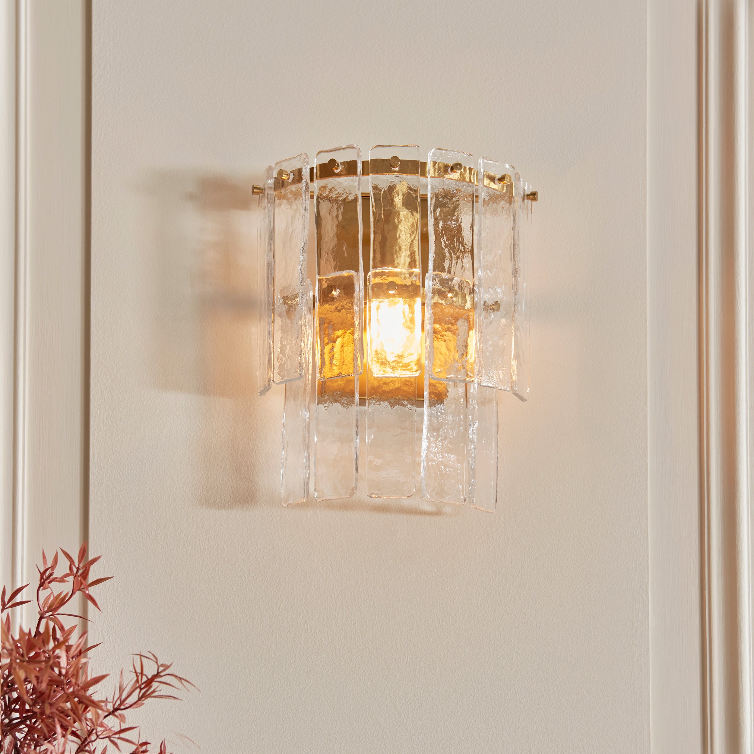 Endon Karine Wall Light - Brushed Aged Brass Plate & Clear Handmade Textured Glass