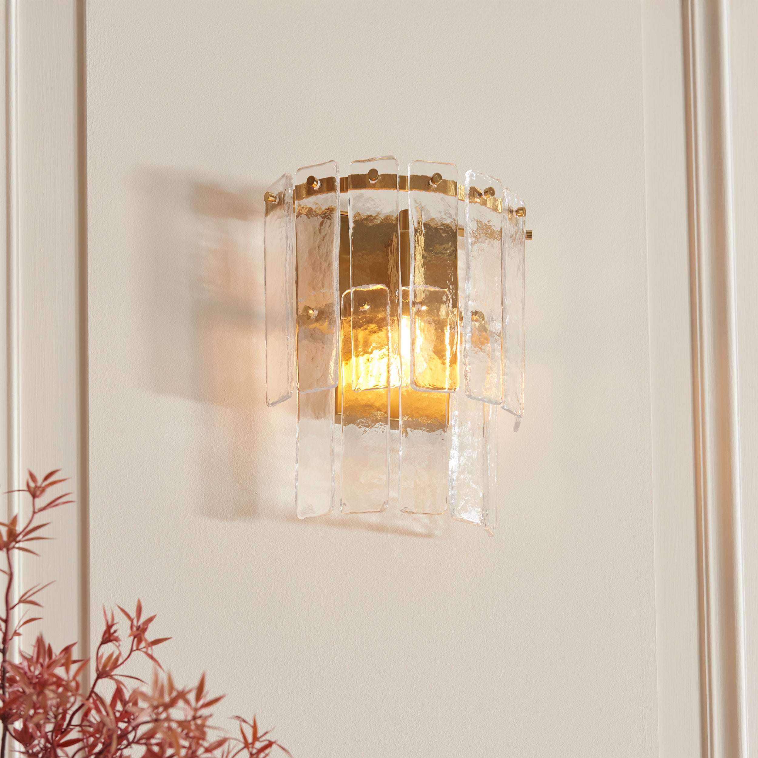 Endon Karine Wall Light - Brushed Aged Brass Plate & Clear Handmade Textured Glass