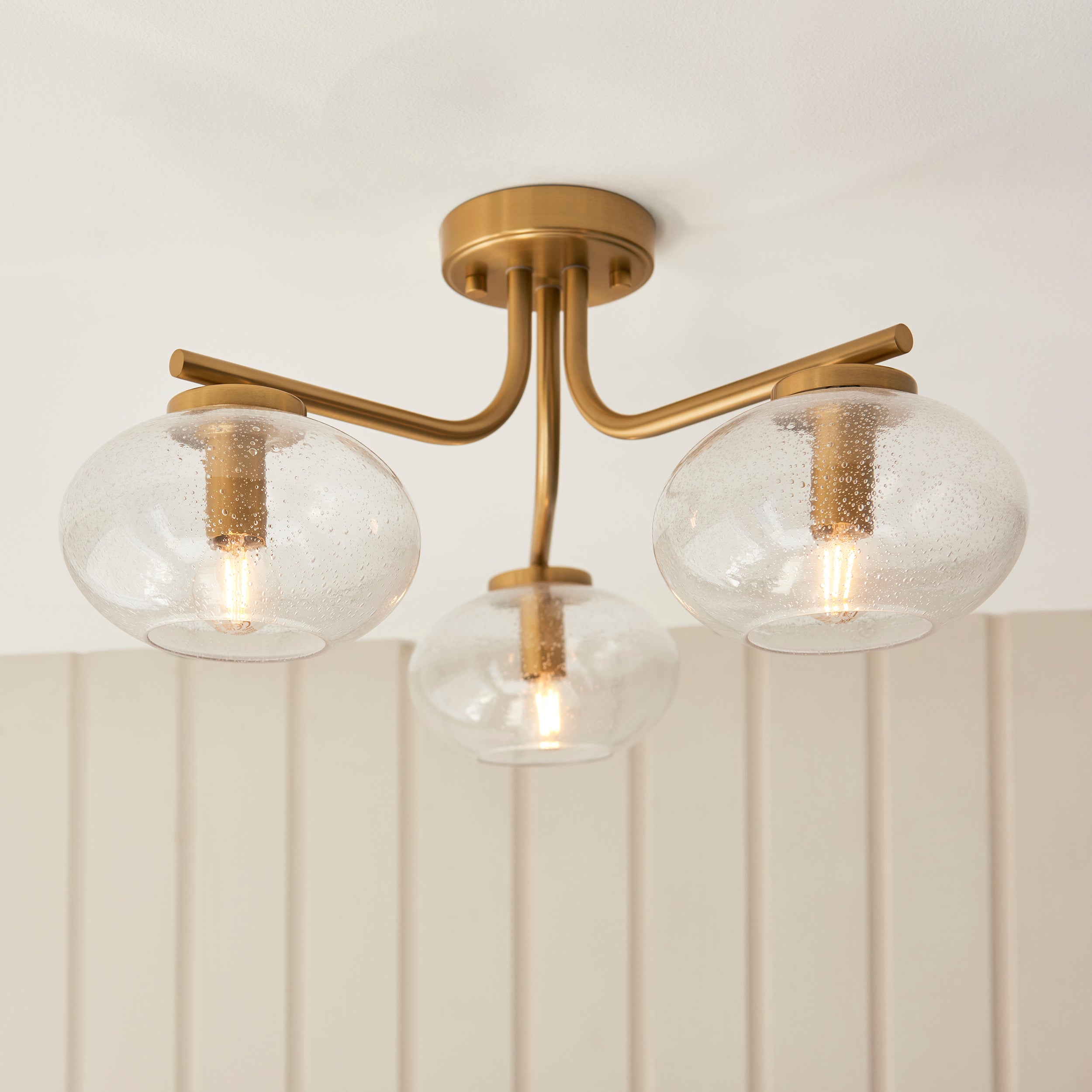 Endon Jacob 3 Light Semi Flush Ceiling Light - Warm Brass Plate & Clear Bubble Glass