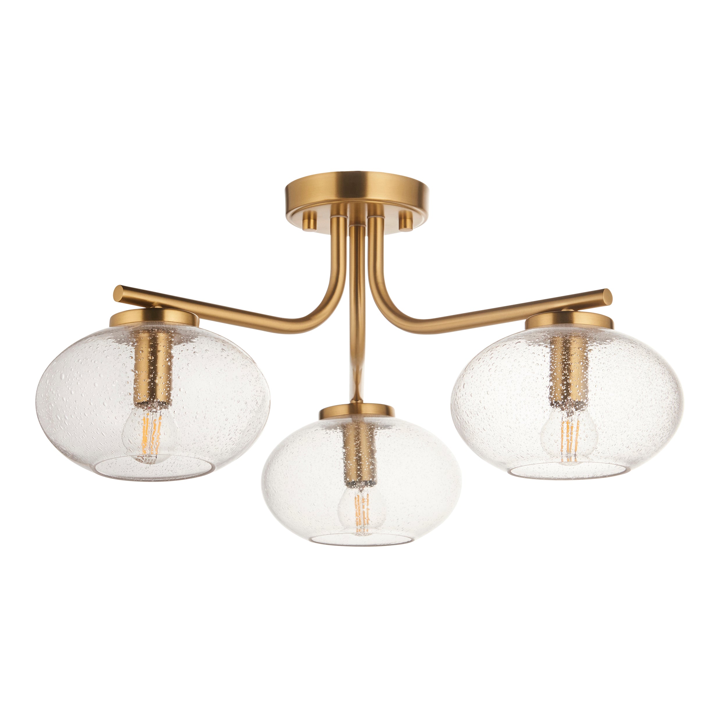 Endon Jacob 3 Light Semi Flush Ceiling Light - Warm Brass Plate & Clear Bubble Glass