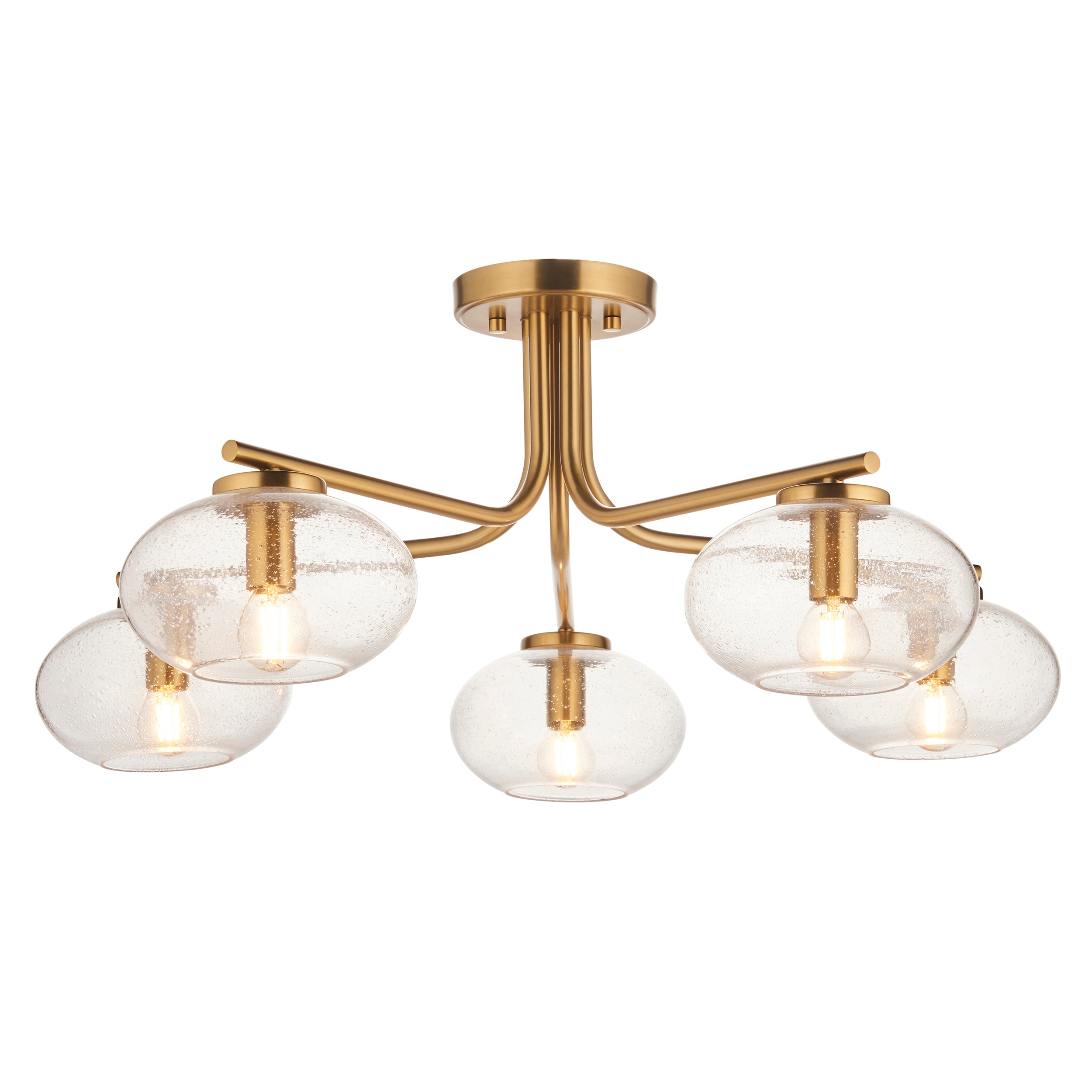 Endon Jacob 5 Light Semi Flush Ceiling Light - Warm Brass Plate & Clear Bubble Glass