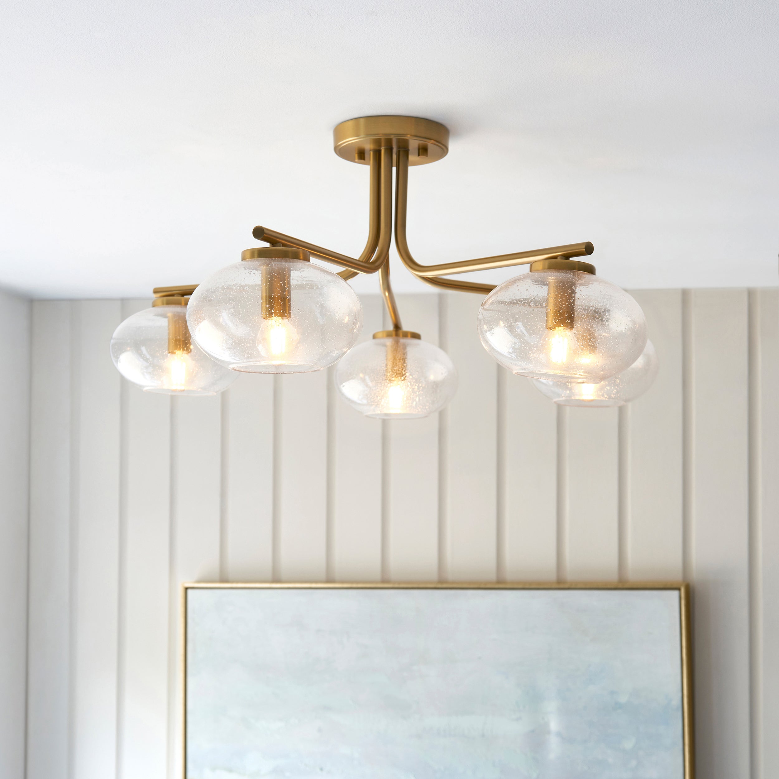 Endon Jacob 5 Light Semi Flush Ceiling Light - Warm Brass Plate & Clear Bubble Glass