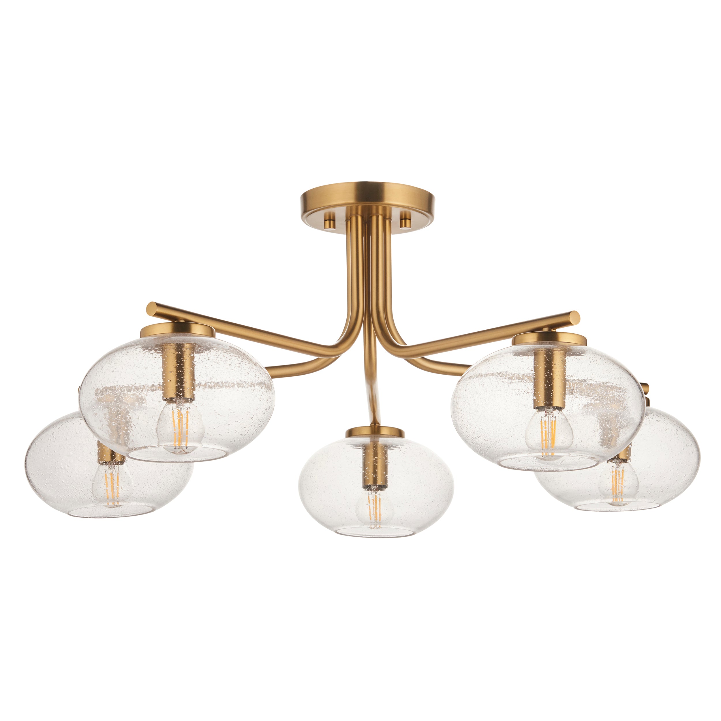 Endon Jacob 5 Light Semi Flush Ceiling Light - Warm Brass Plate & Clear Bubble Glass