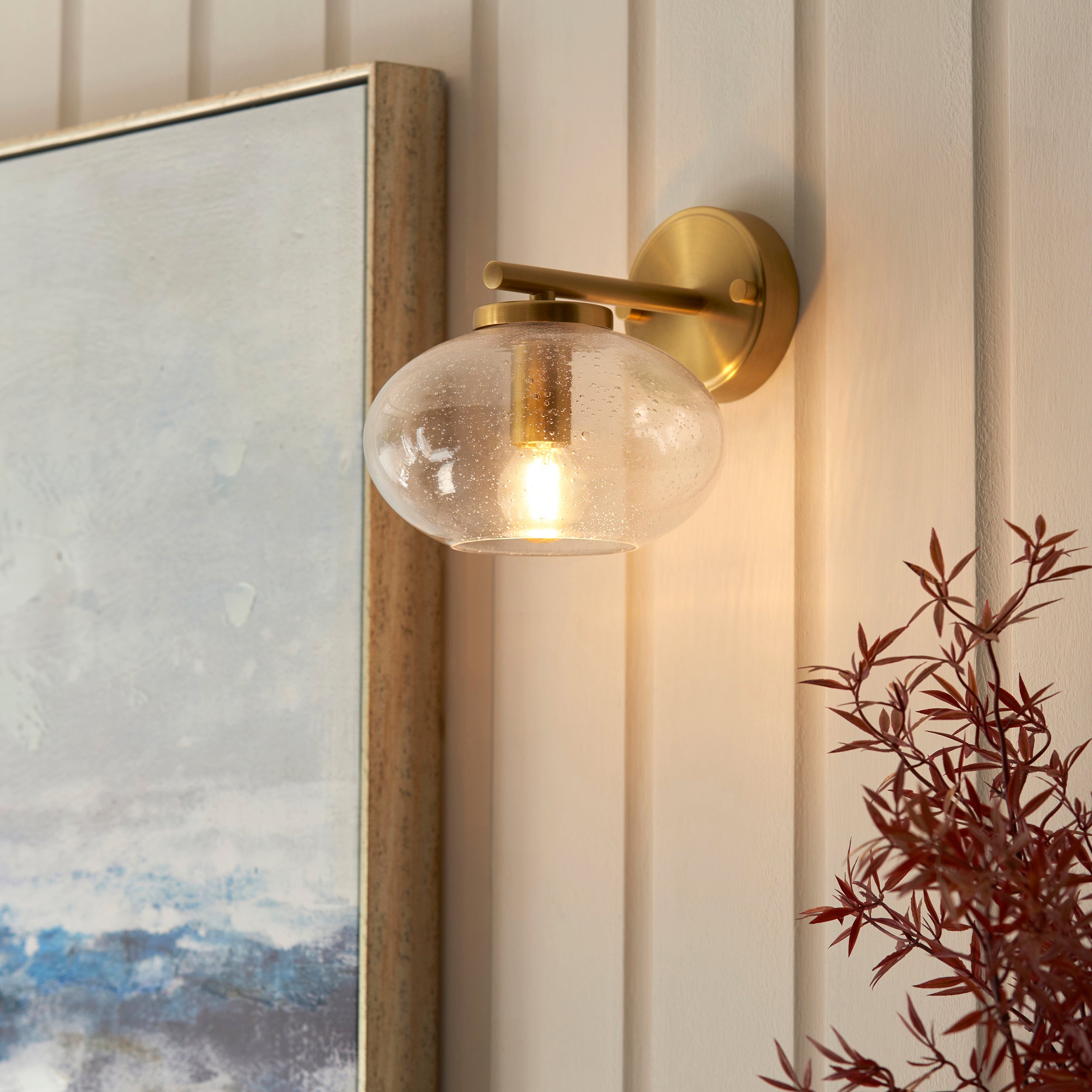 Endon Jacob Wall Light - Warm Brass Plate & Clear Bubble Glass