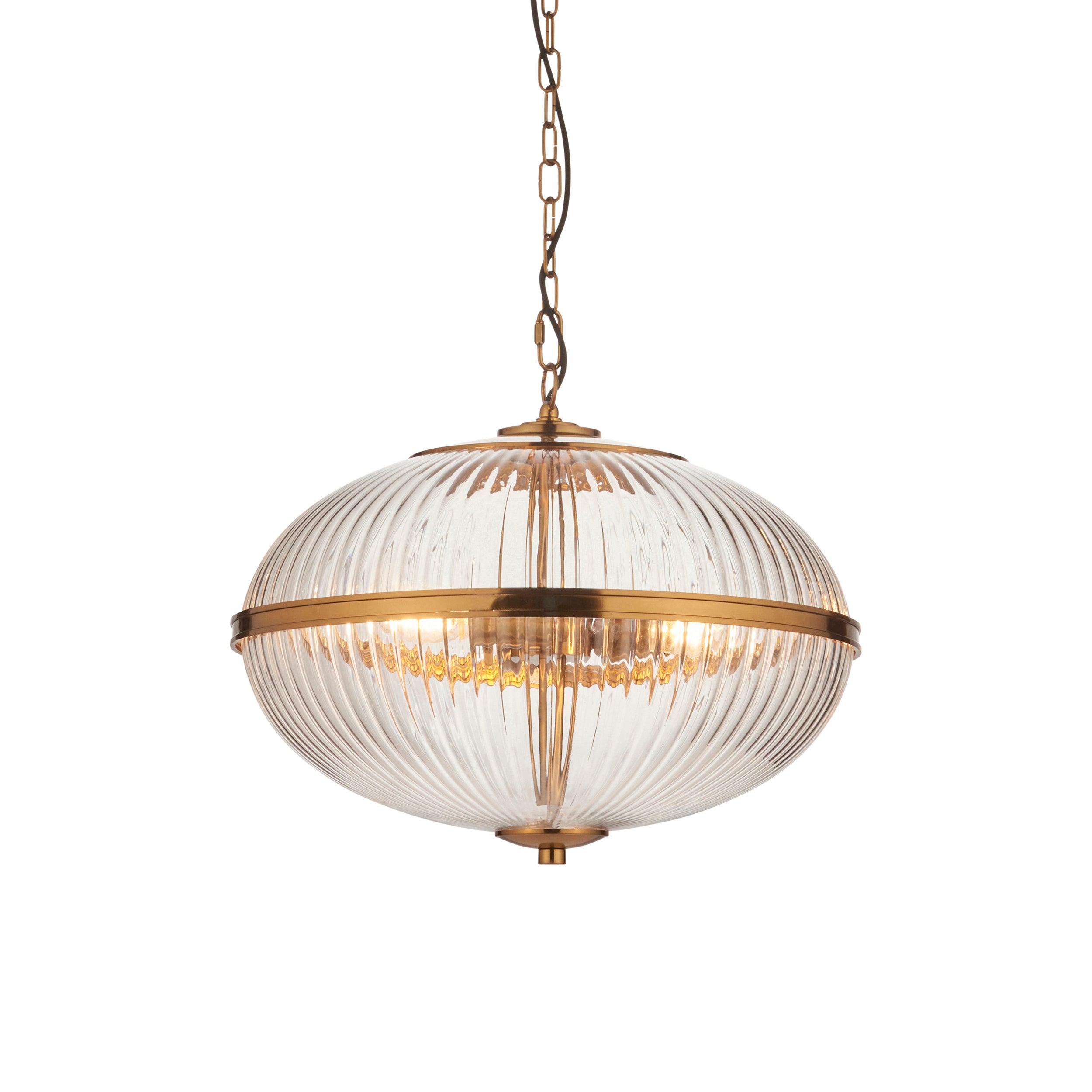Endon Somerset 3 Light Pendant - Vintage Brass Finish & Clear Ribbed Glass