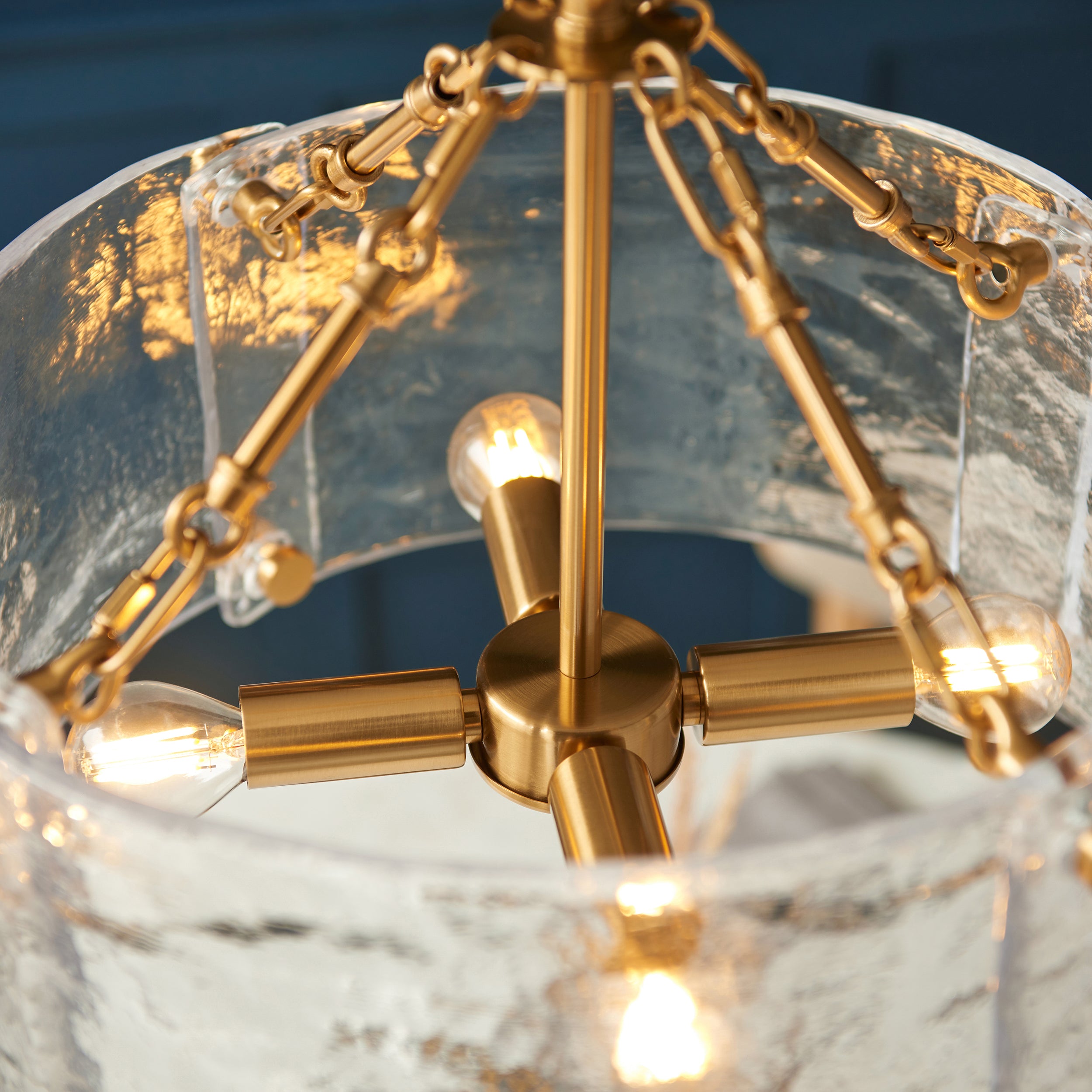 Endon Keller 4 Light Pendant - Brushed Aged Brass Plate & Handmade Textured Clear Glass