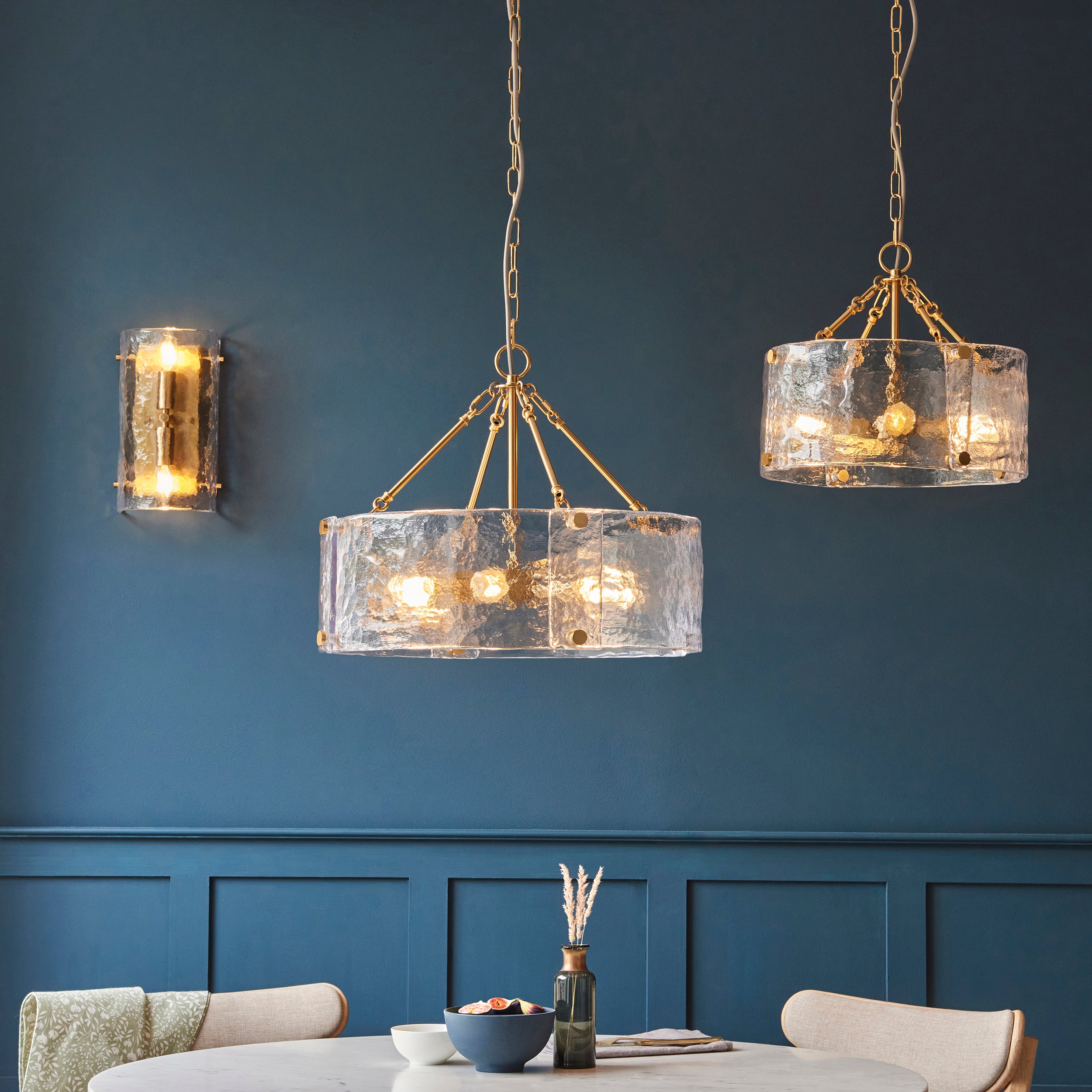 Endon Keller 4 Light Pendant - Brushed Aged Brass Plate & Handmade Textured Clear Glass