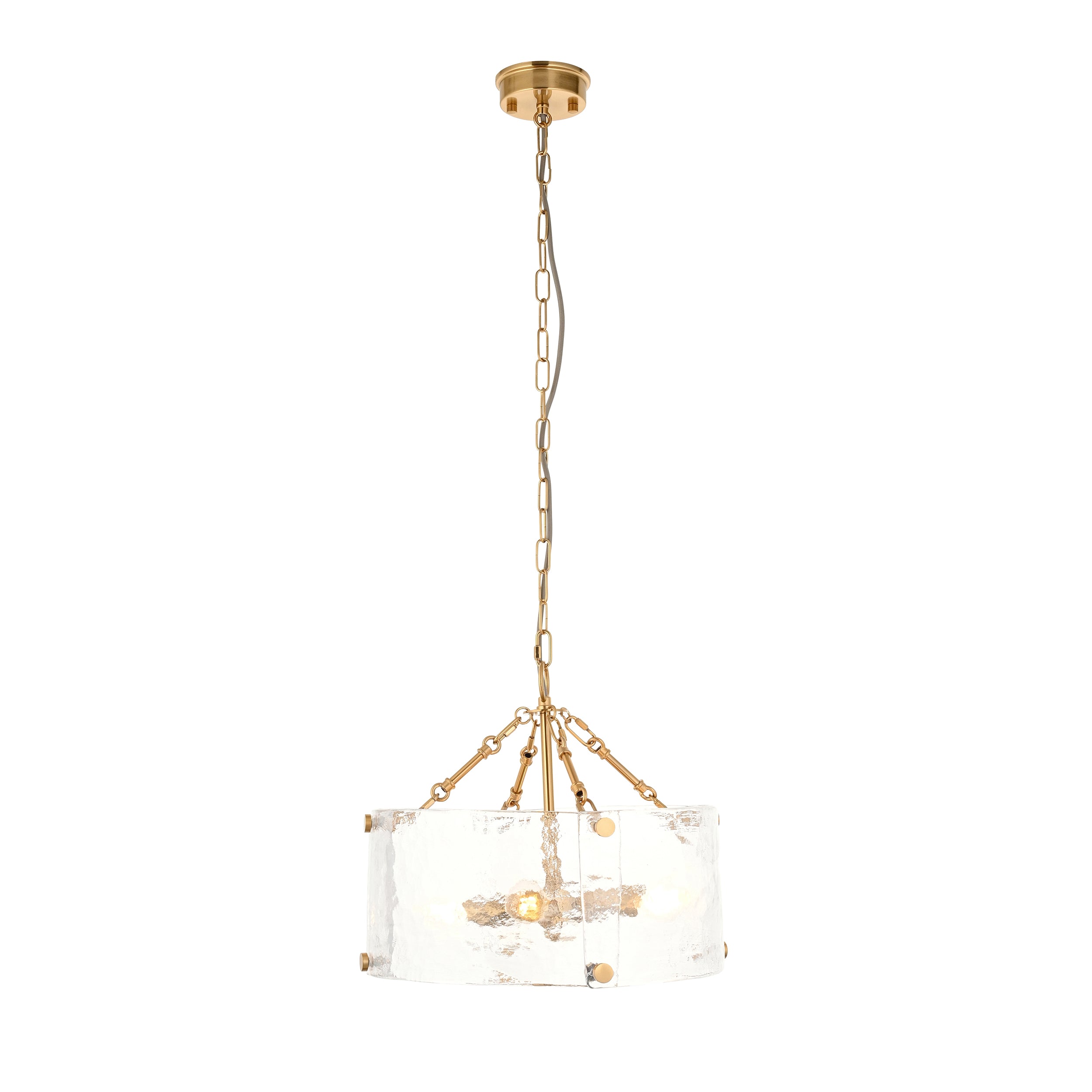 Endon Keller 4 Light Pendant - Brushed Aged Brass Plate & Handmade Textured Clear Glass
