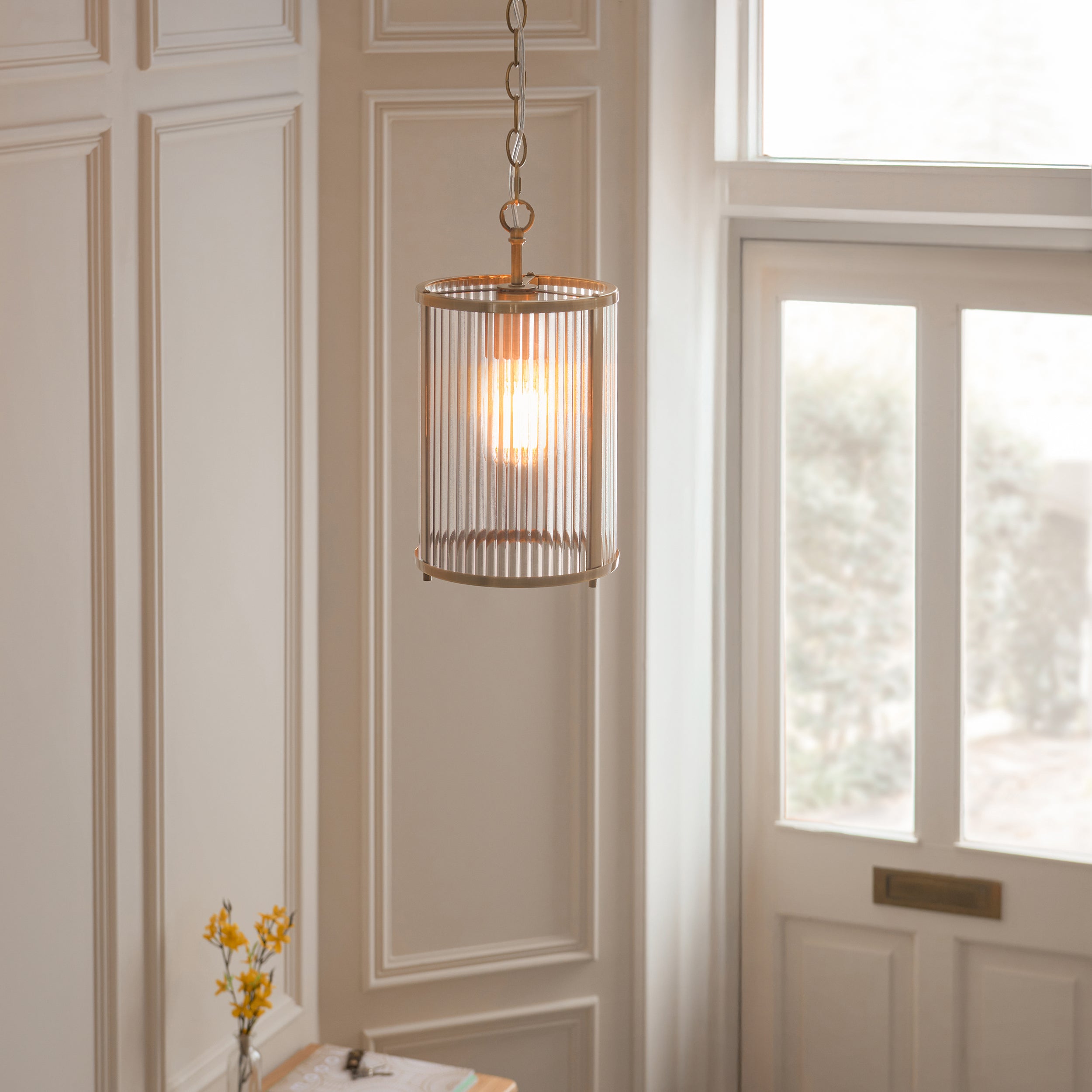 Endon Ridgeton Pendant - Antique Brass Plate & Clear Ribbed Glass