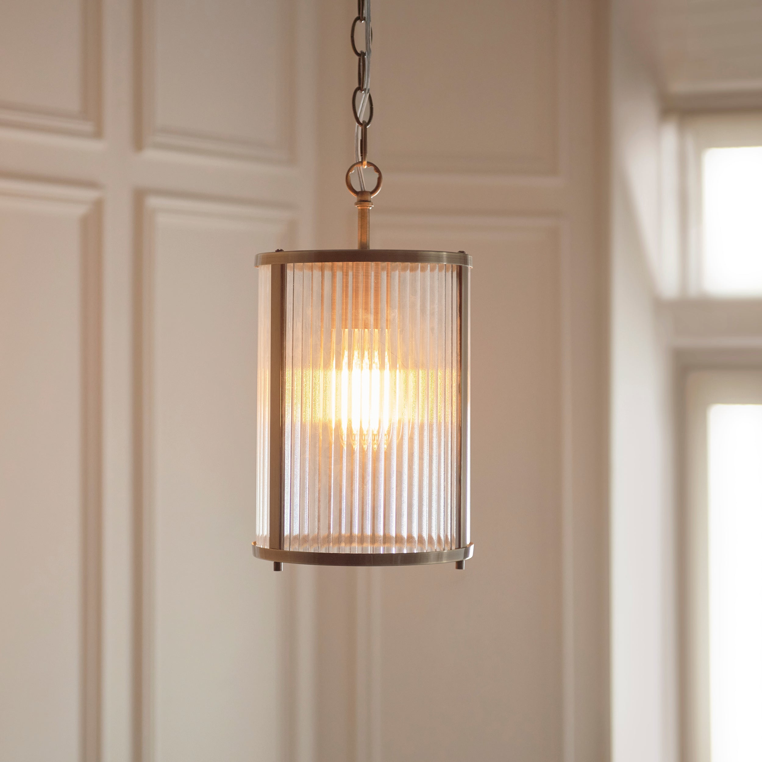 Endon Ridgeton Pendant - Antique Brass Plate & Clear Ribbed Glass