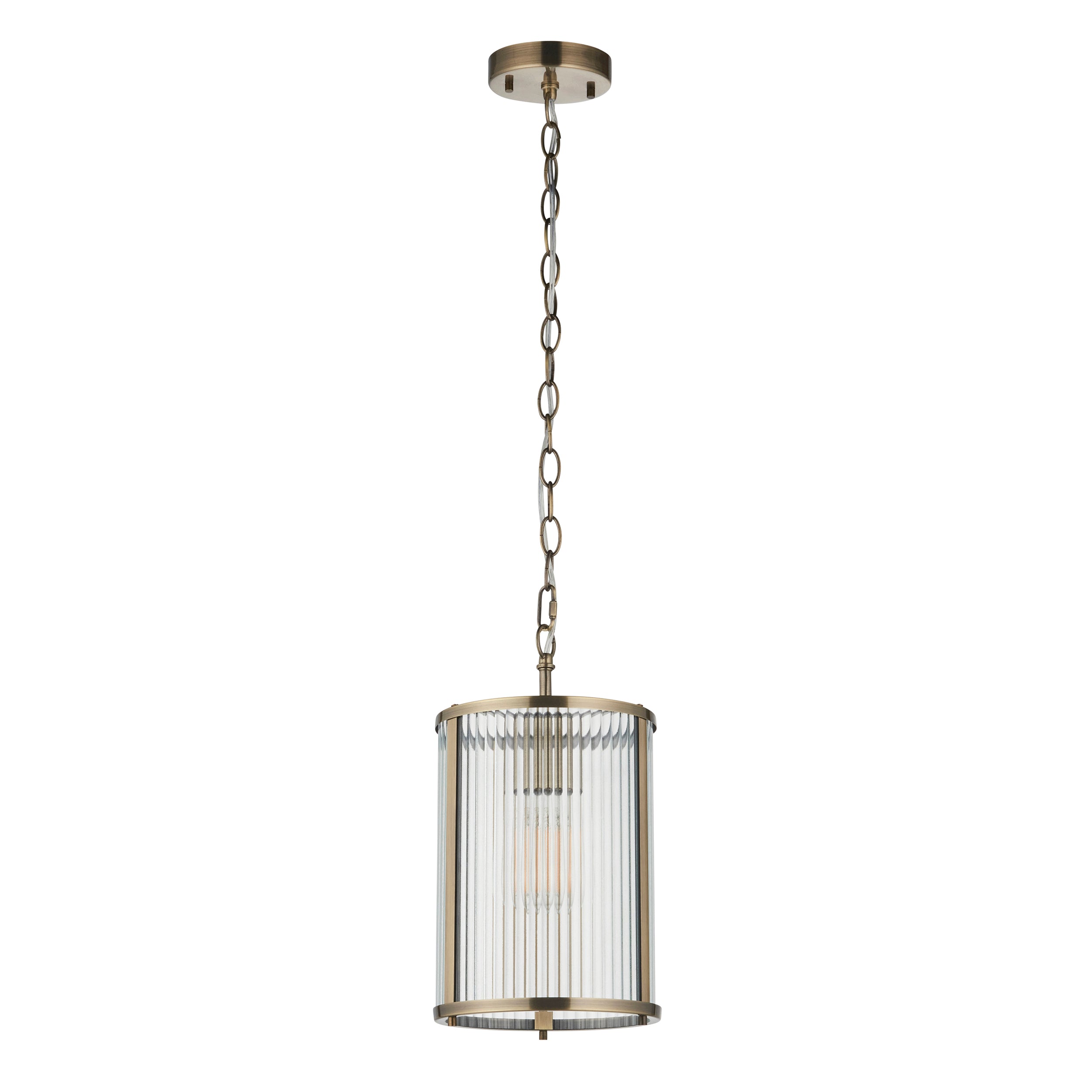 Endon Ridgeton Pendant - Antique Brass Plate & Clear Ribbed Glass