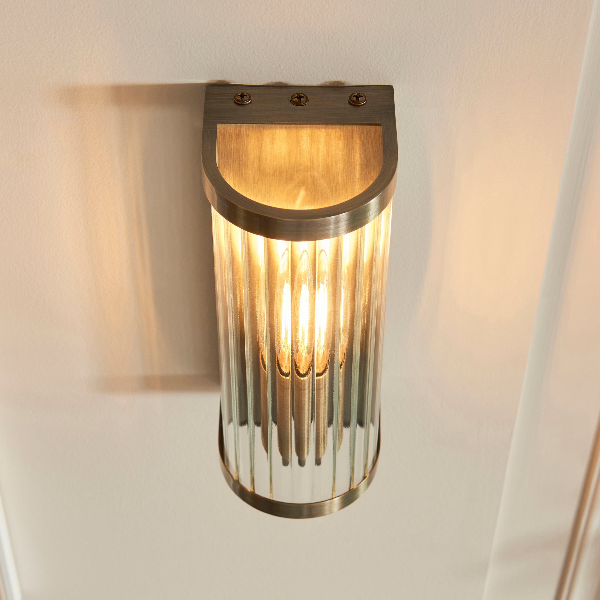 Endon Ridgeton Wall Light - Antique Brass Plate & Clear Ribbed Glass