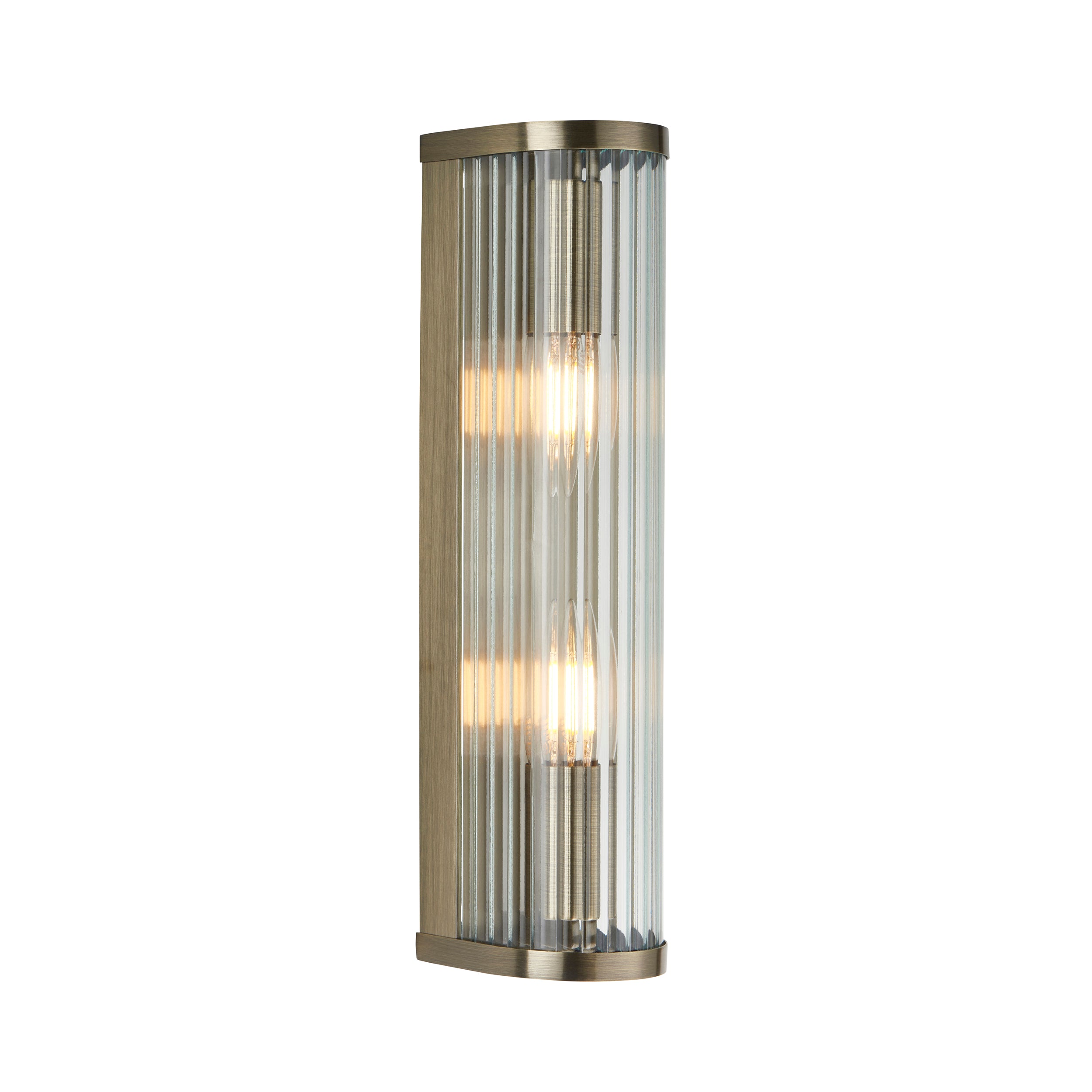 Endon Ridgeton 2 Light Wall Light - Antique Brass Plate & Clear Ribbed Glass