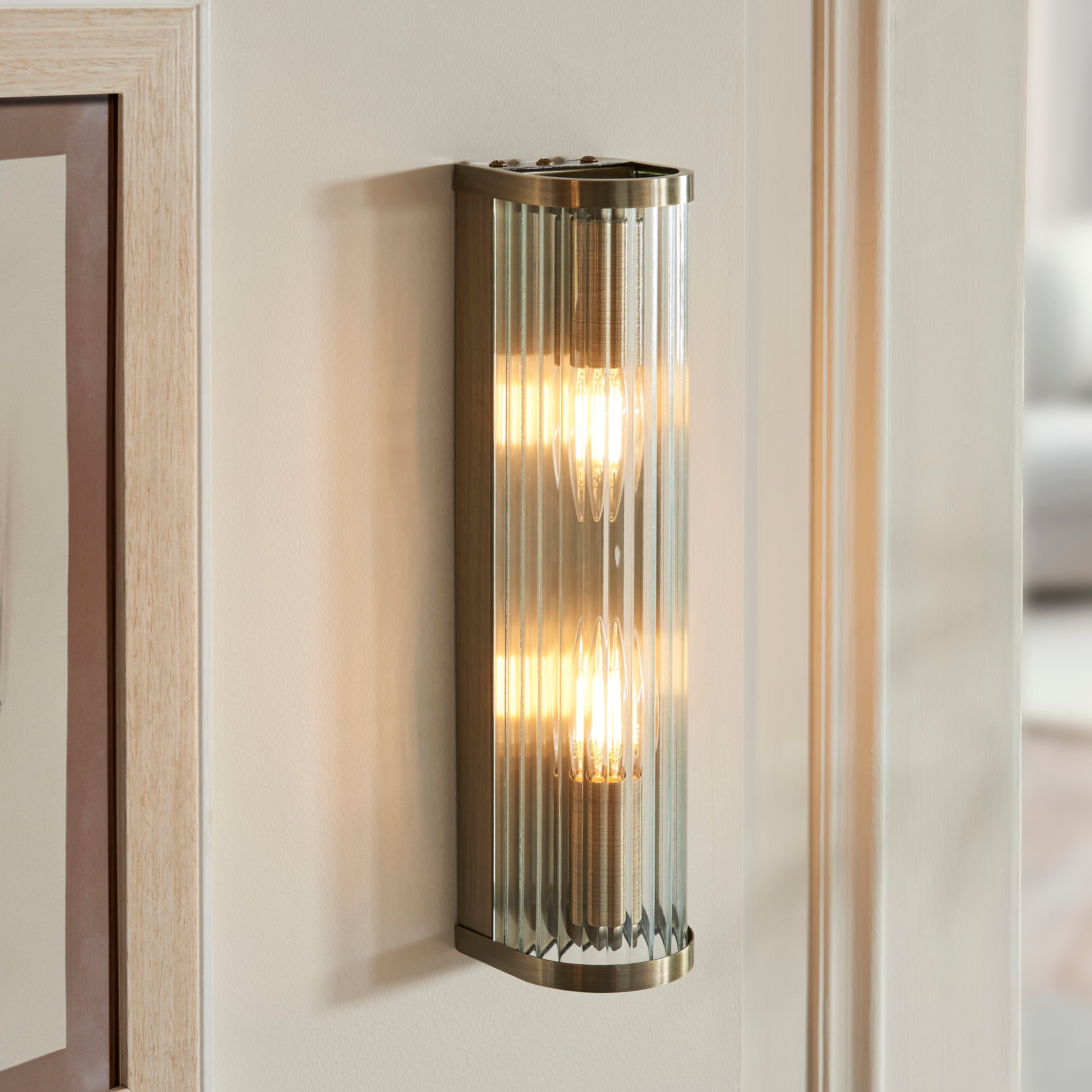 Endon Ridgeton 2 Light Wall Light - Antique Brass Plate & Clear Ribbed Glass