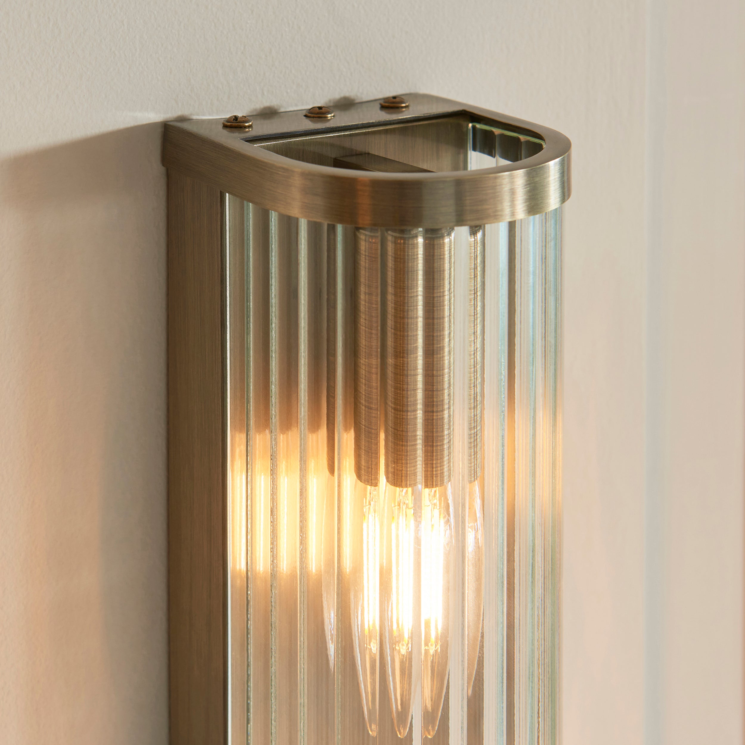 Endon Ridgeton 2 Light Wall Light - Antique Brass Plate & Clear Ribbed Glass