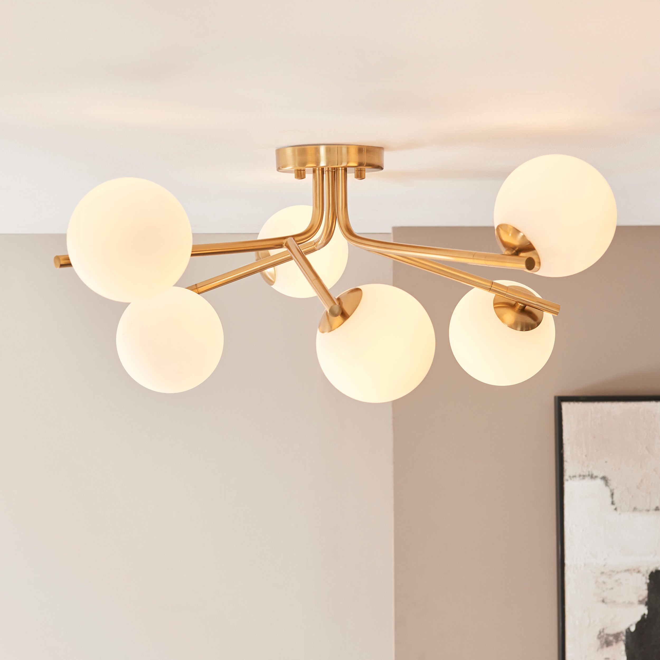 Endon Aaron 6 Light Semi Flush Ceiling Light - Brushed Aged Brass Plate & Matt Opal Glass
