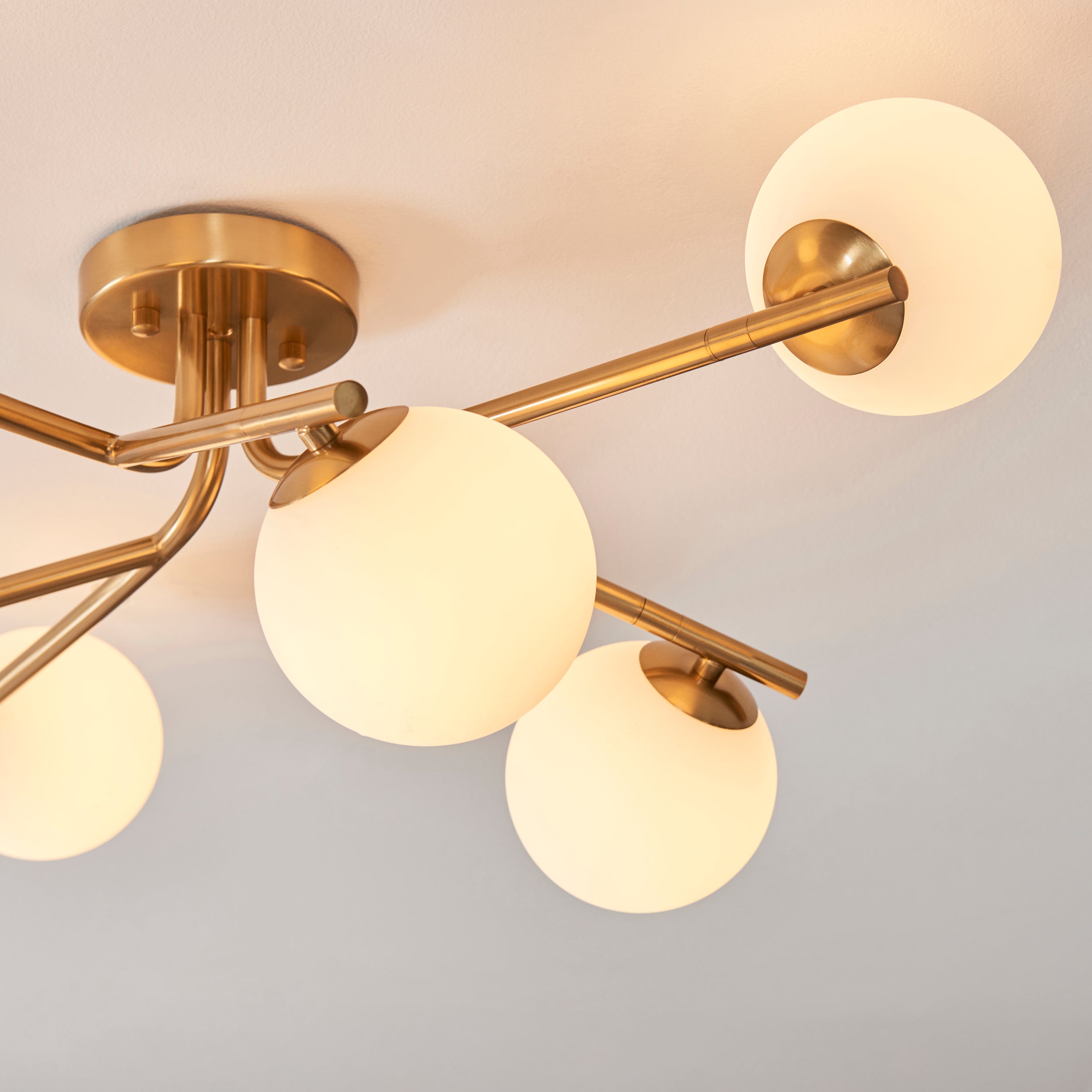 Endon Aaron 6 Light Semi Flush Ceiling Light - Brushed Aged Brass Plate & Matt Opal Glass