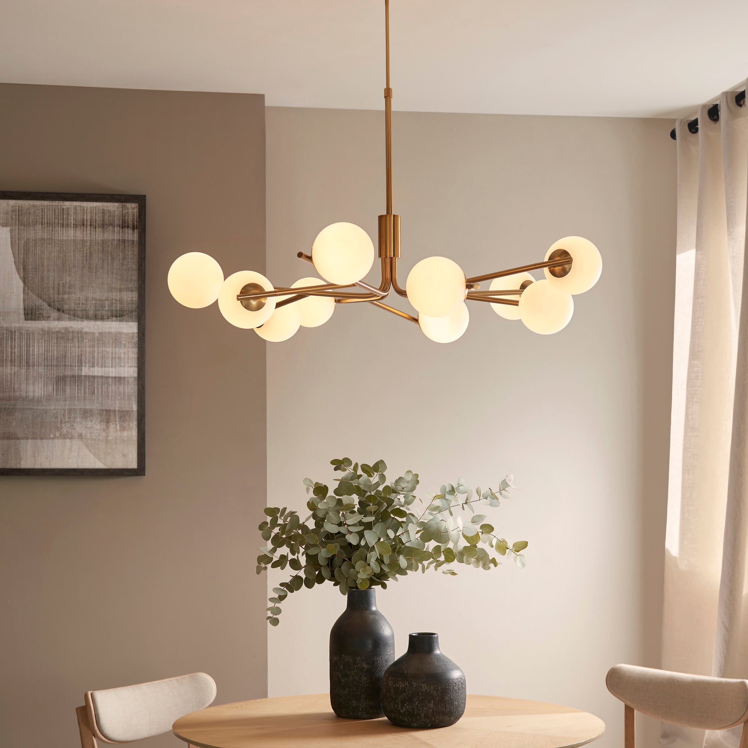 Endon Aaron 10 Light Pendant - Brushed Aged Brass Plate & Matt Opal Glass